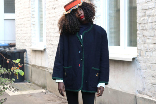 Vintage Boiled Wool Trachten Jacket Marlene Navy Blue Austrian Tyrolean Cardigan