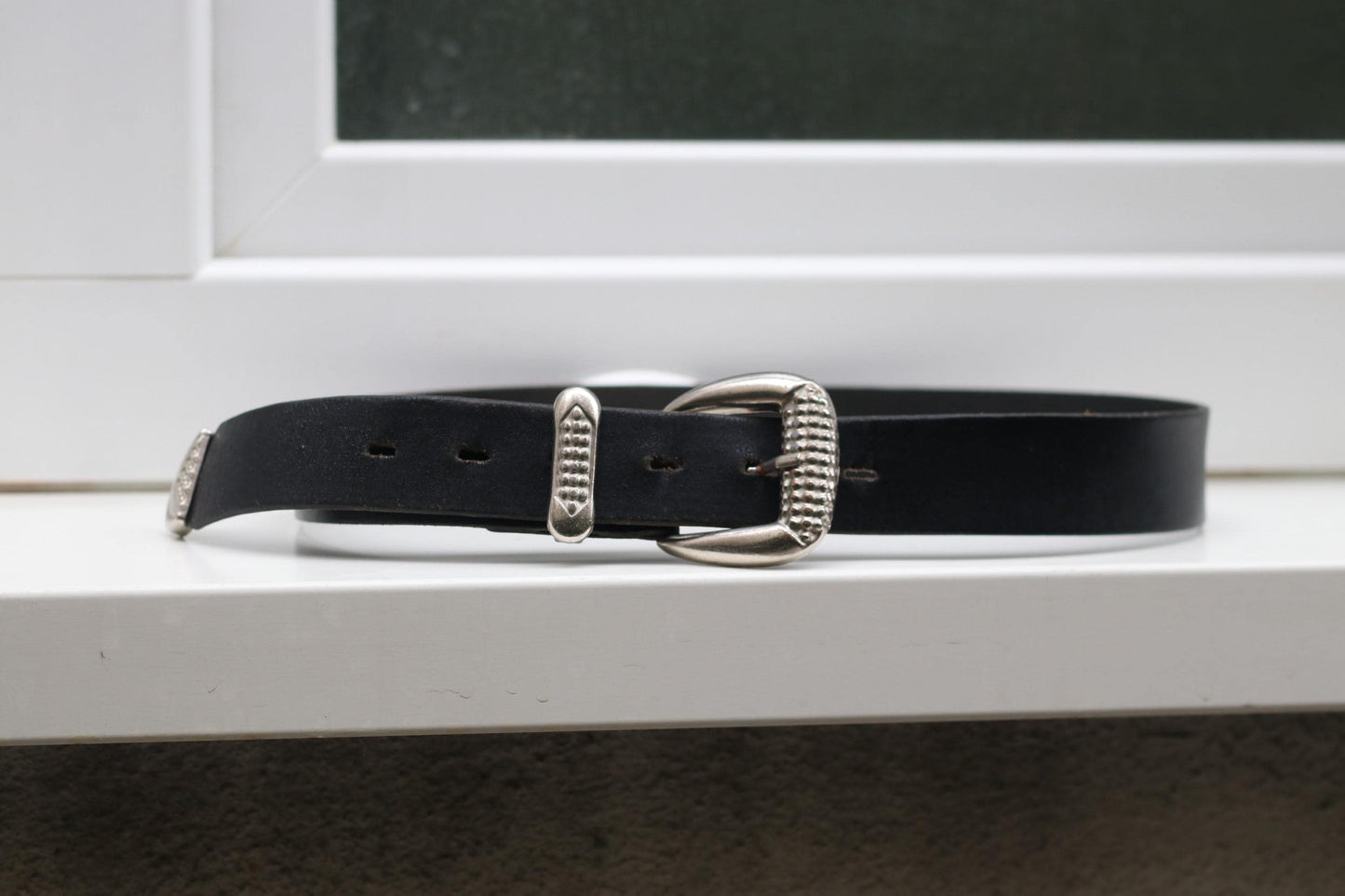 Western Belt Black Leather Silver Buckle| Vintage Cowboy Boho Women's Belt Size 75