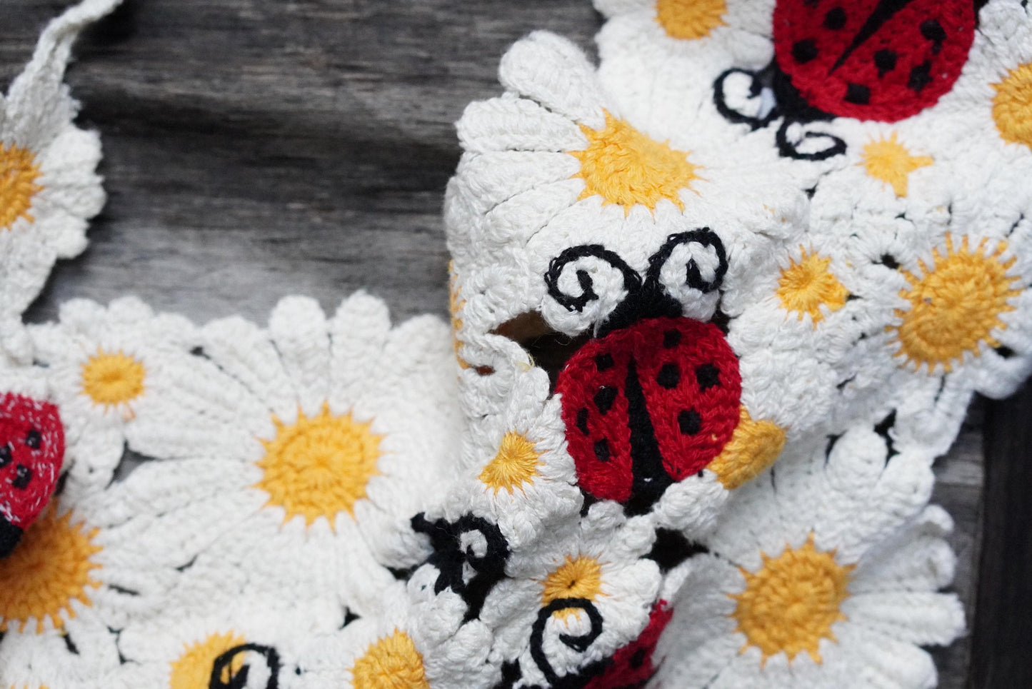 Vintage Crochet Daisy Bandana with Ladybugs | Handmade Flower Hair Kerchief Cottagecore Wrap
