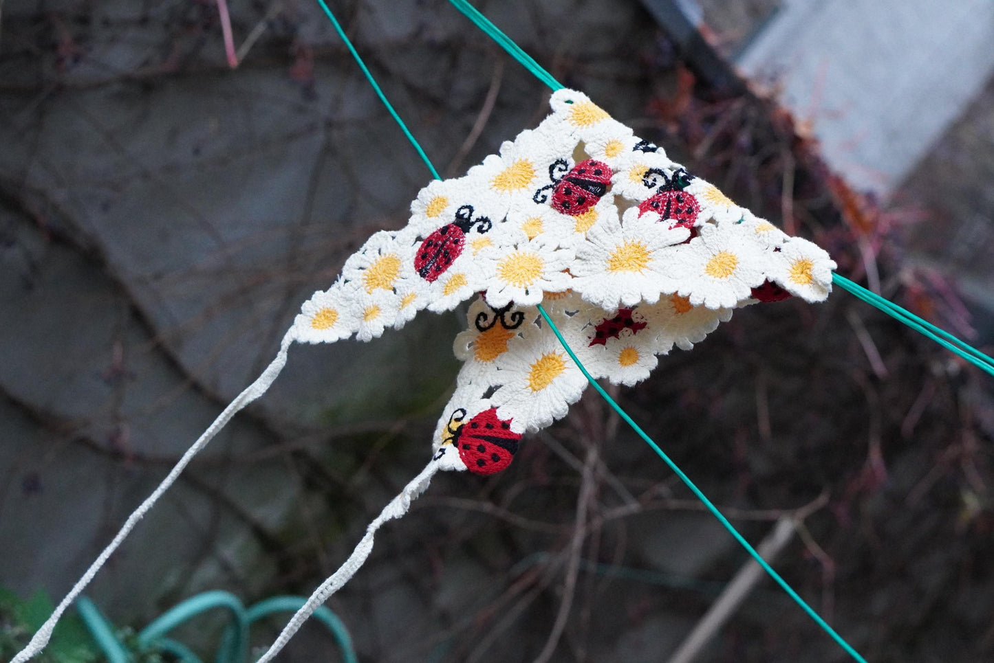 Vintage Crochet Daisy Bandana with Ladybugs | Handmade Flower Hair Kerchief Cottagecore Wrap