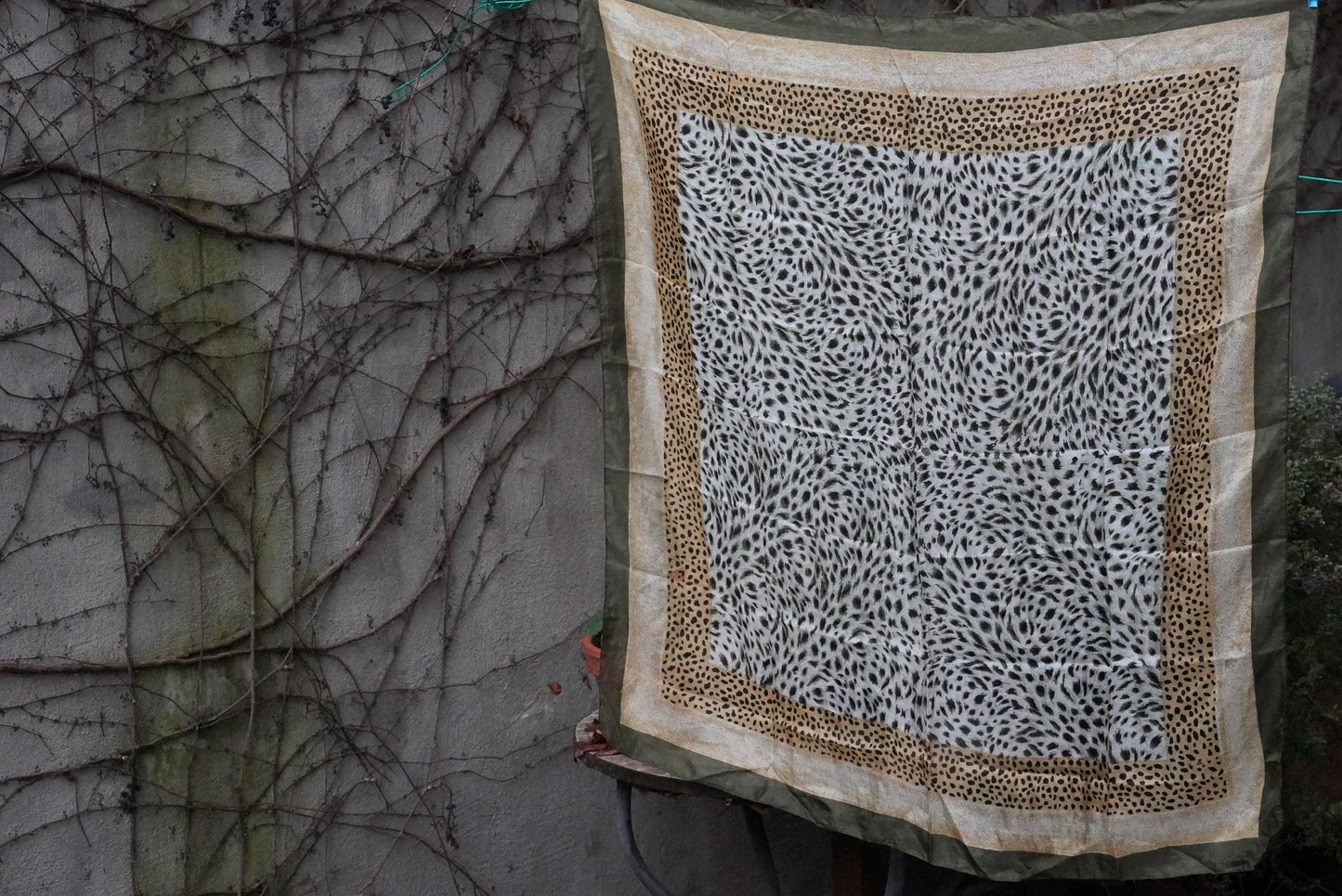 Silk Animal Print Scarf Vintage Green Leopard Pattern Square Neck Head Wrap 100% Silk