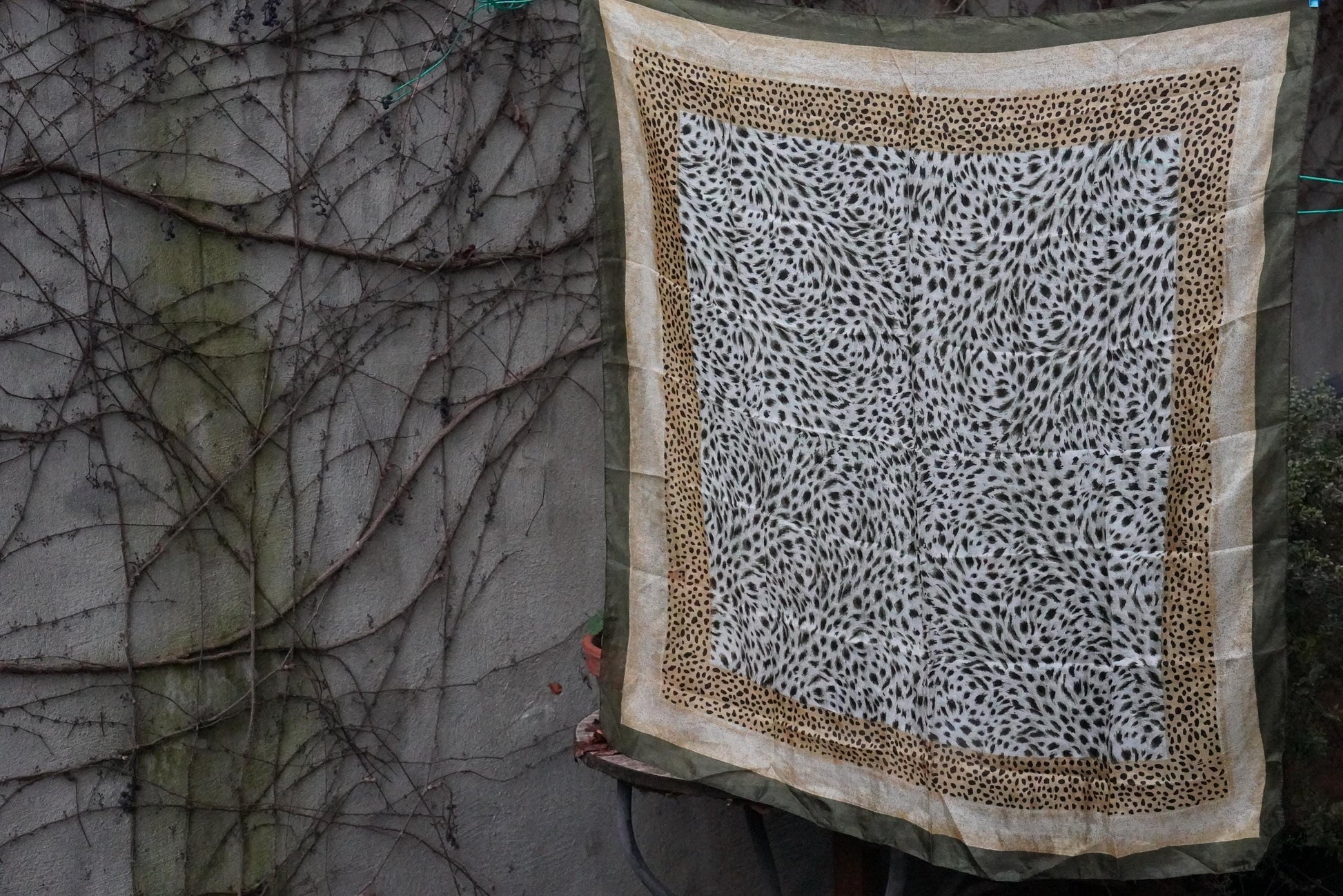 Silk Animal Print Scarf Vintage Green Leopard Pattern Square Neck Head Wrap 100% Silk