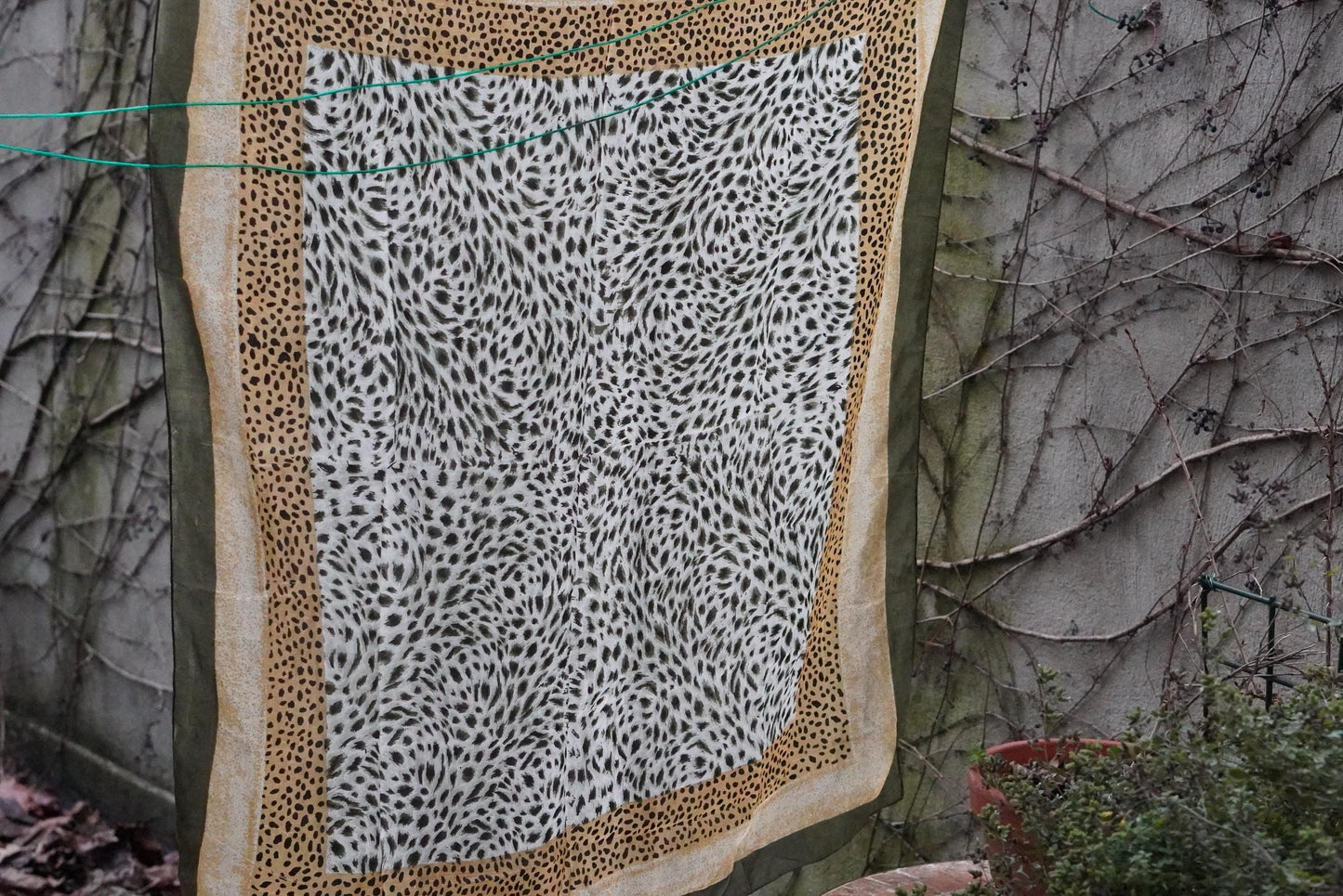 Silk Animal Print Scarf Vintage Green Leopard Pattern Square Neck Head Wrap 100% Silk