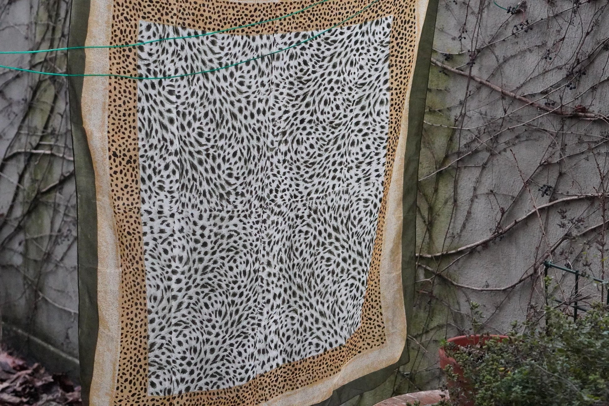 Silk Animal Print Scarf Vintage Green Leopard Pattern Square Neck Head Wrap 100% Silk