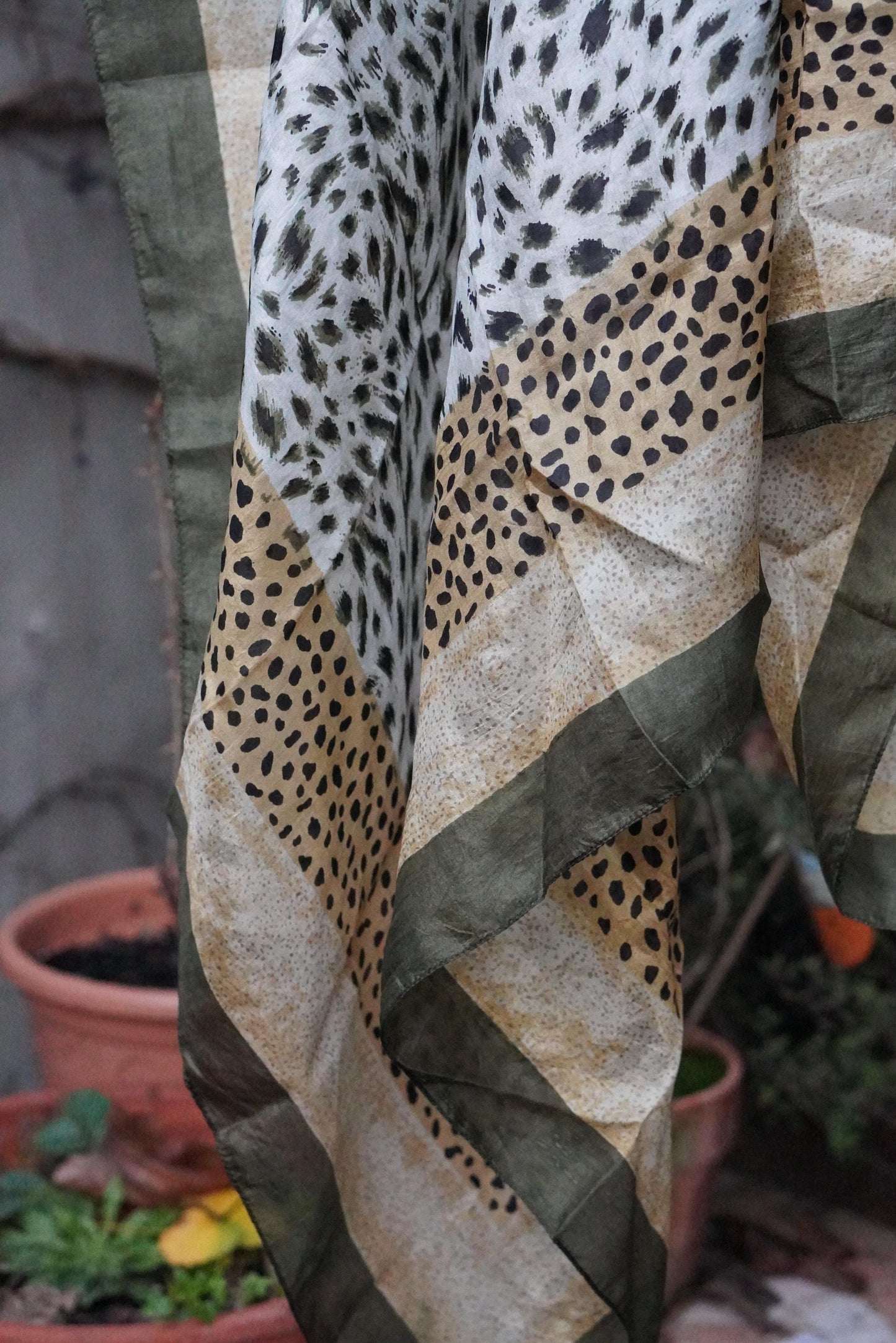 Silk Animal Print Scarf Vintage Green Leopard Pattern Square Neck Head Wrap 100% Silk
