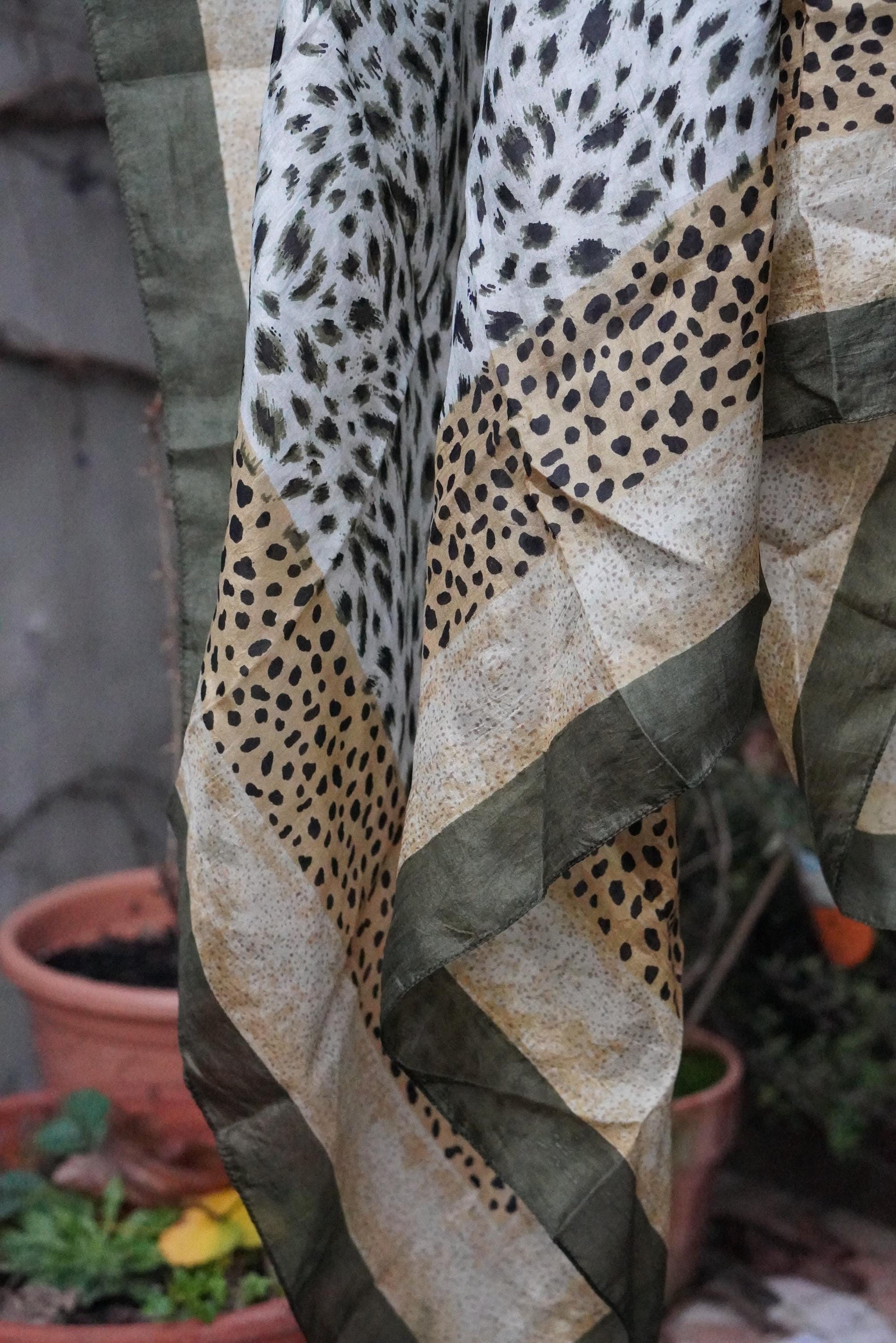 Silk Animal Print Scarf Vintage Green Leopard Pattern Square Neck Head Wrap 100% Silk