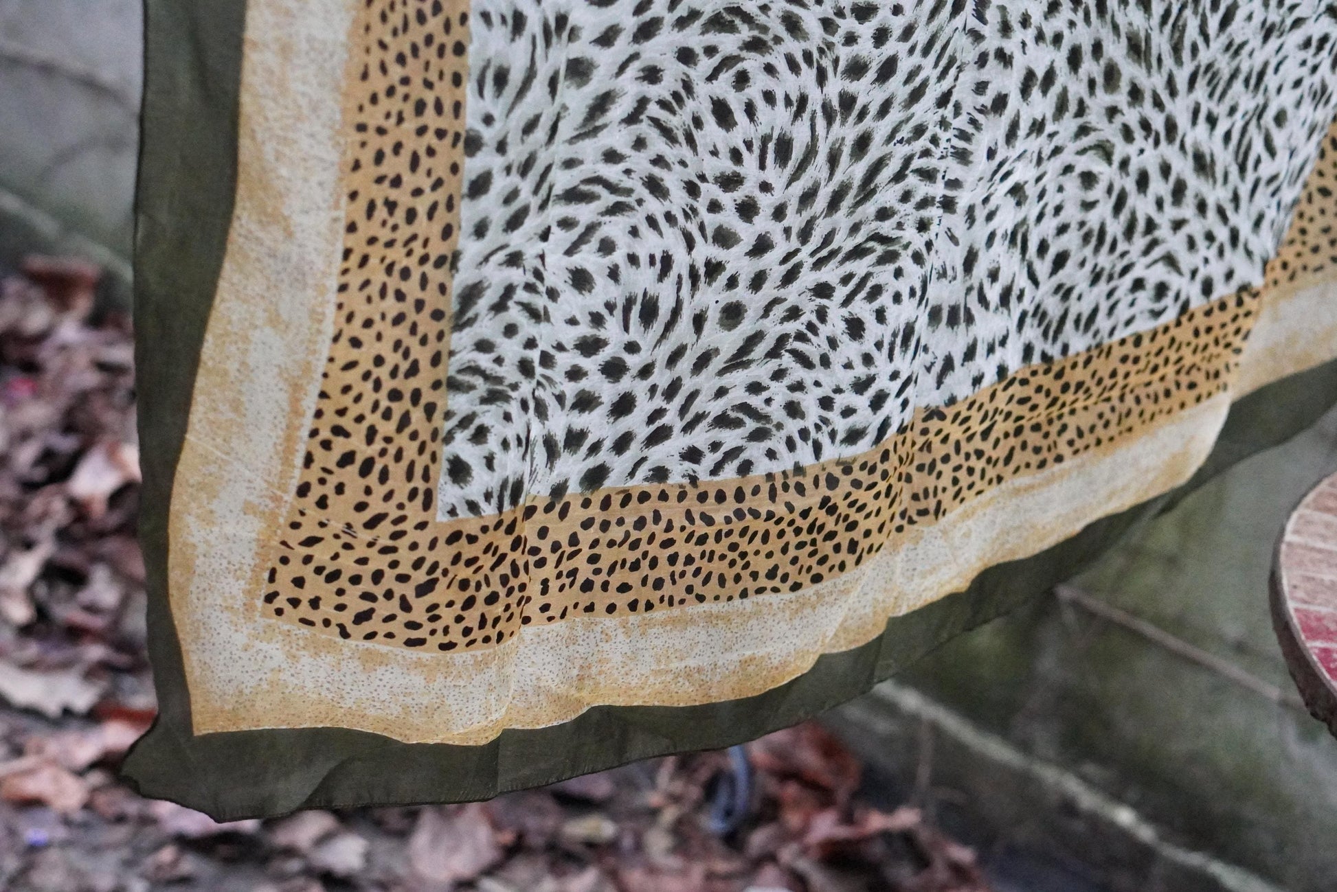 Silk Animal Print Scarf Vintage Green Leopard Pattern Square Neck Head Wrap 100% Silk