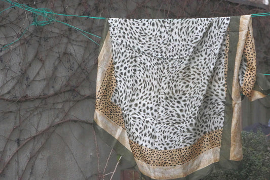 Silk Animal Print Scarf Vintage Green Leopard Pattern Square Neck Head Wrap 100% Silk