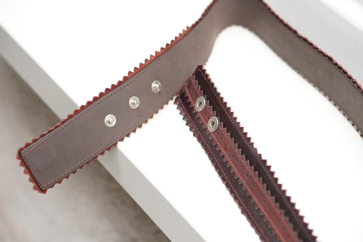 Vintage Wide Brown Leather Belt | Zig Zag Serrated Edge Terracotta Inlay Snap Button