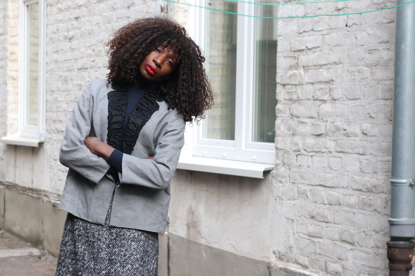 Vintage Grey Blazer | 60s Black Ruffle Collar Jacket | Women's Evening Power Suit Coat