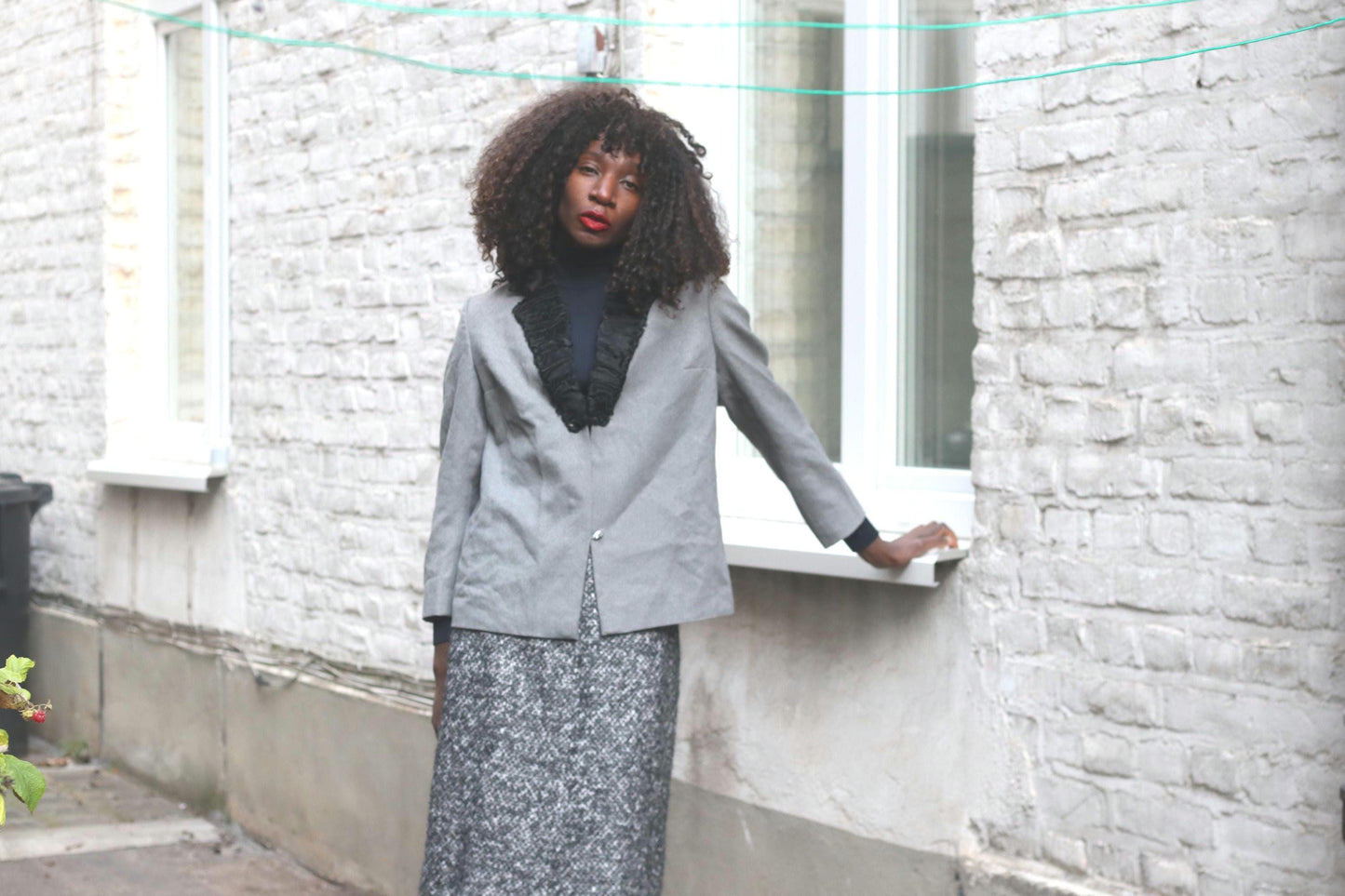 Vintage Grey Blazer | 60s Black Ruffle Collar Jacket | Women's Evening Power Suit Coat