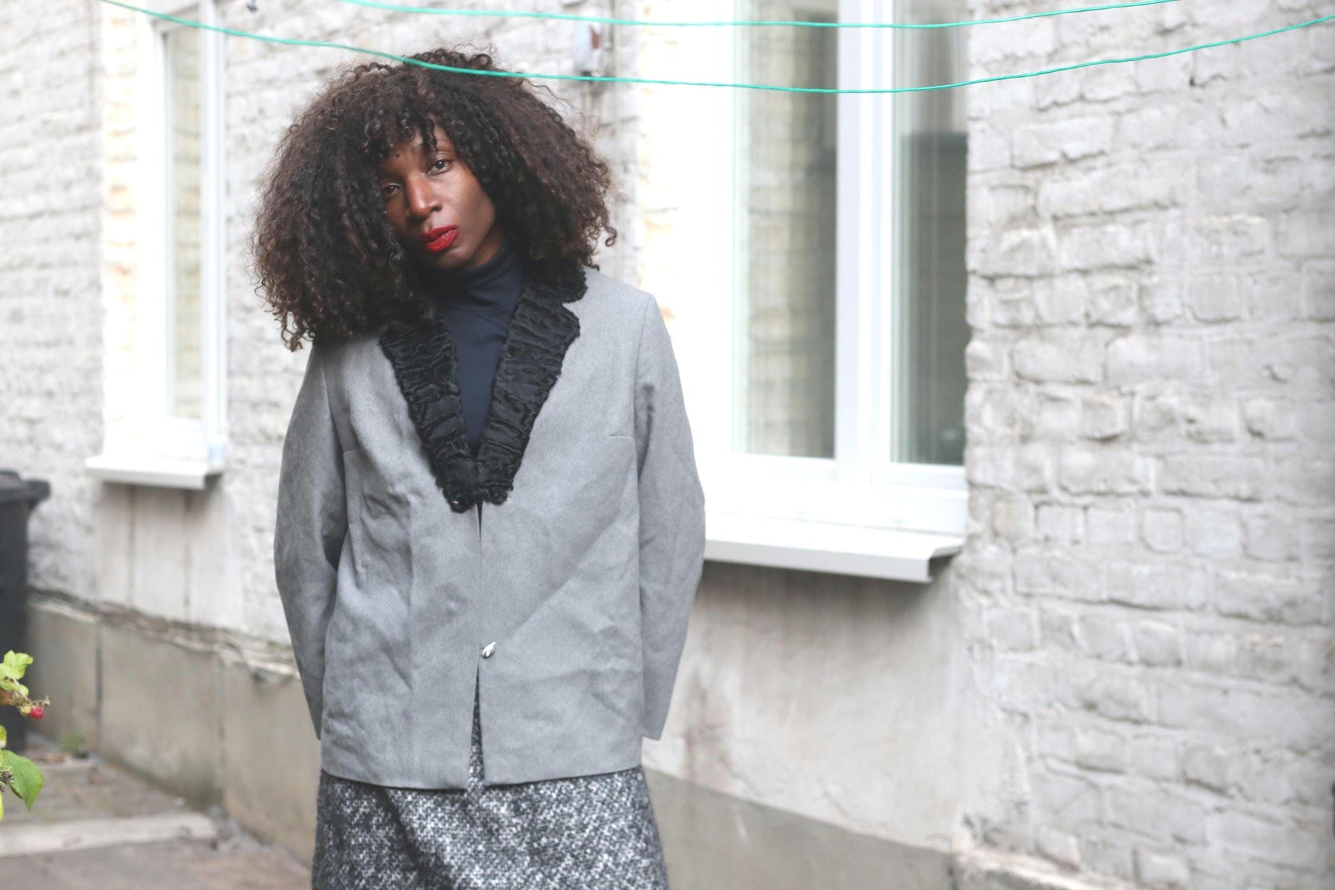 Vintage Grey Blazer | 60s Black Ruffle Collar Jacket | Women's Evening Power Suit Coat