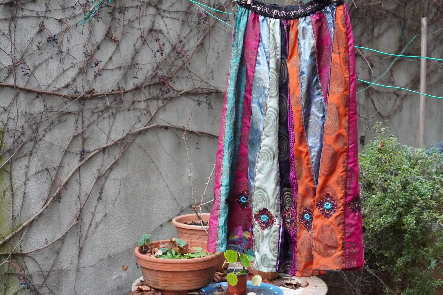 Vintage Silk Paneled Midi Skirt| 90s Boho Handcrafted Colorful Patchwork Skirt