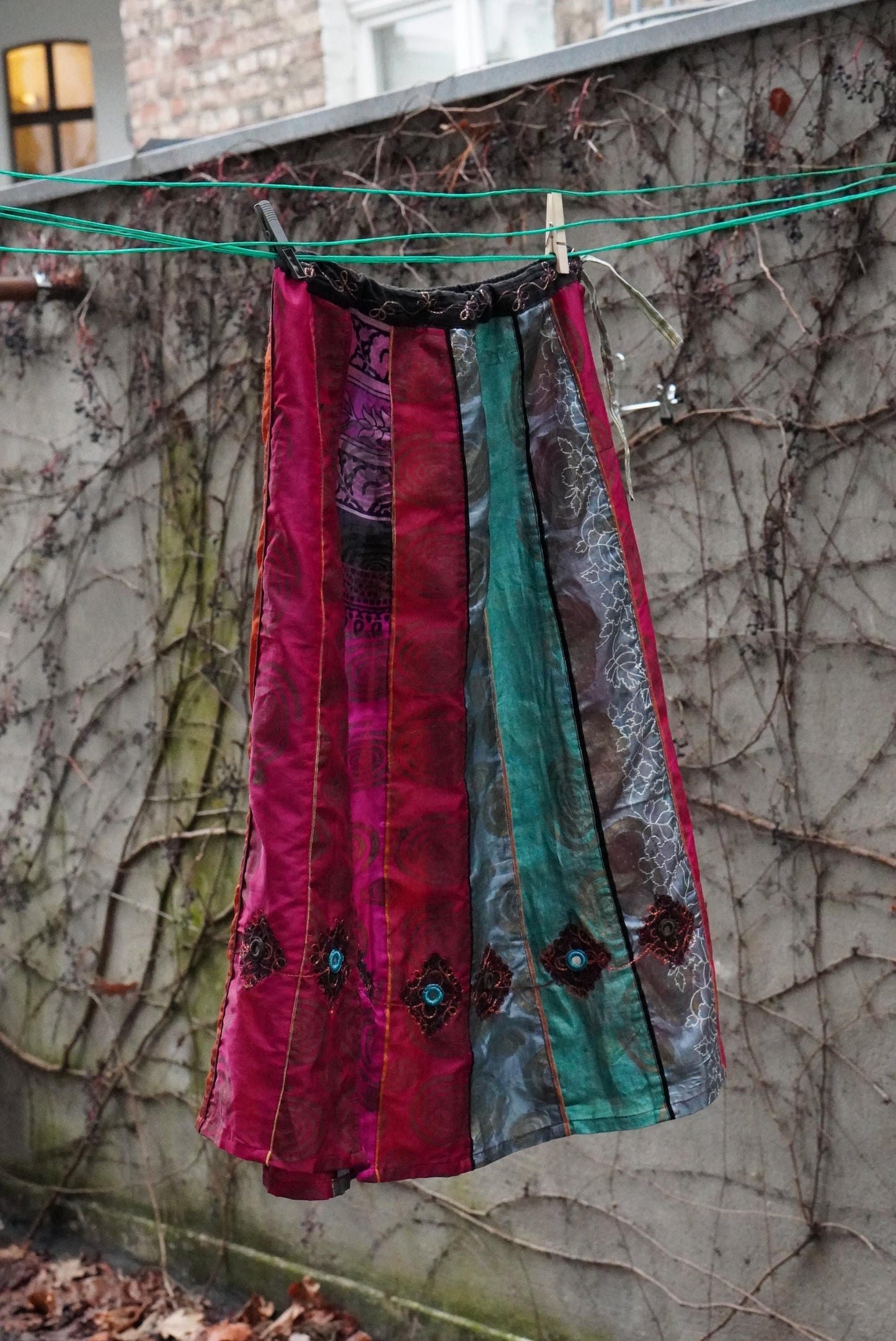 Vintage Silk Paneled Midi Skirt| 90s Boho Handcrafted Colorful Patchwork Skirt