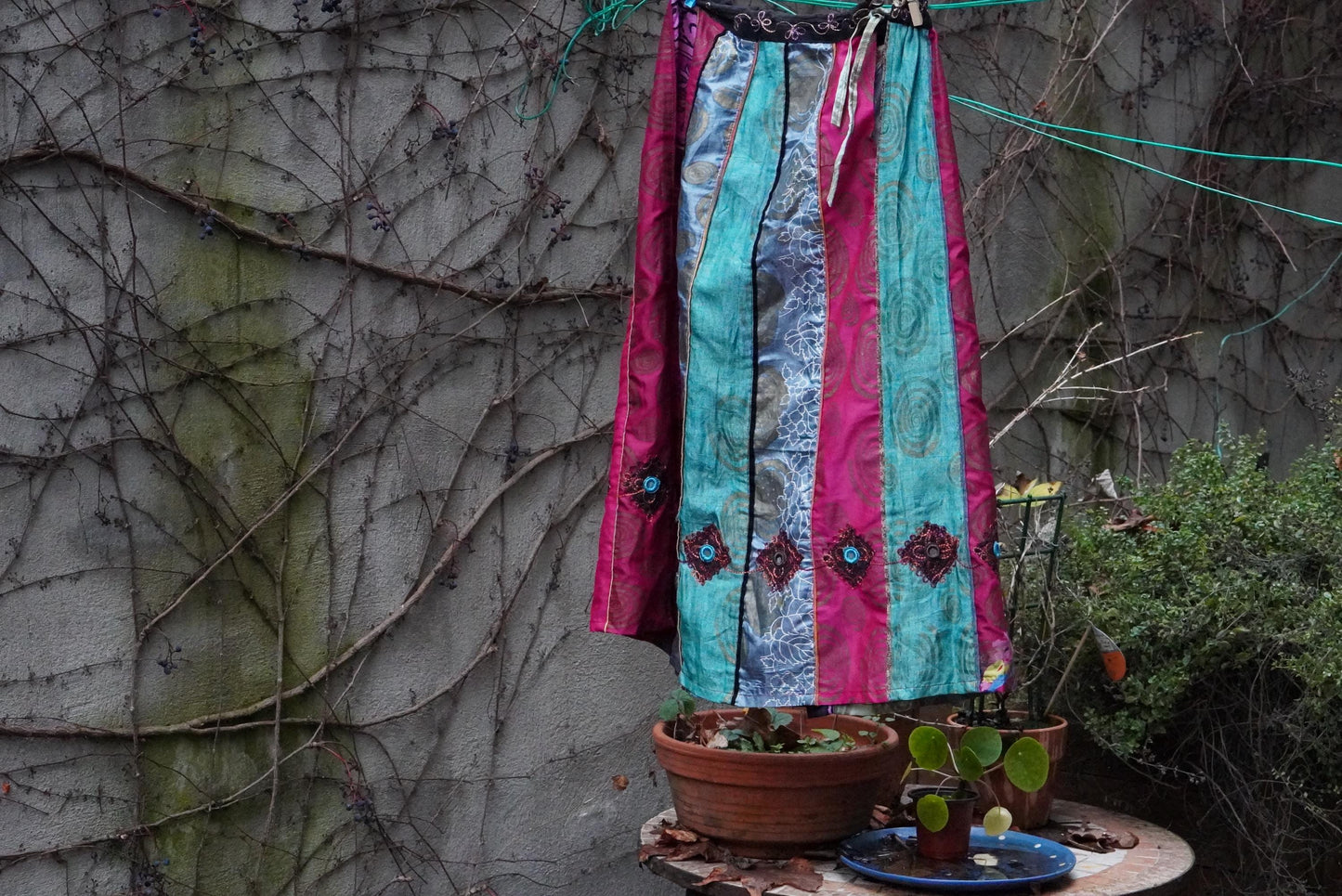 Vintage Silk Paneled Midi Skirt| 90s Boho Handcrafted Colorful Patchwork Skirt