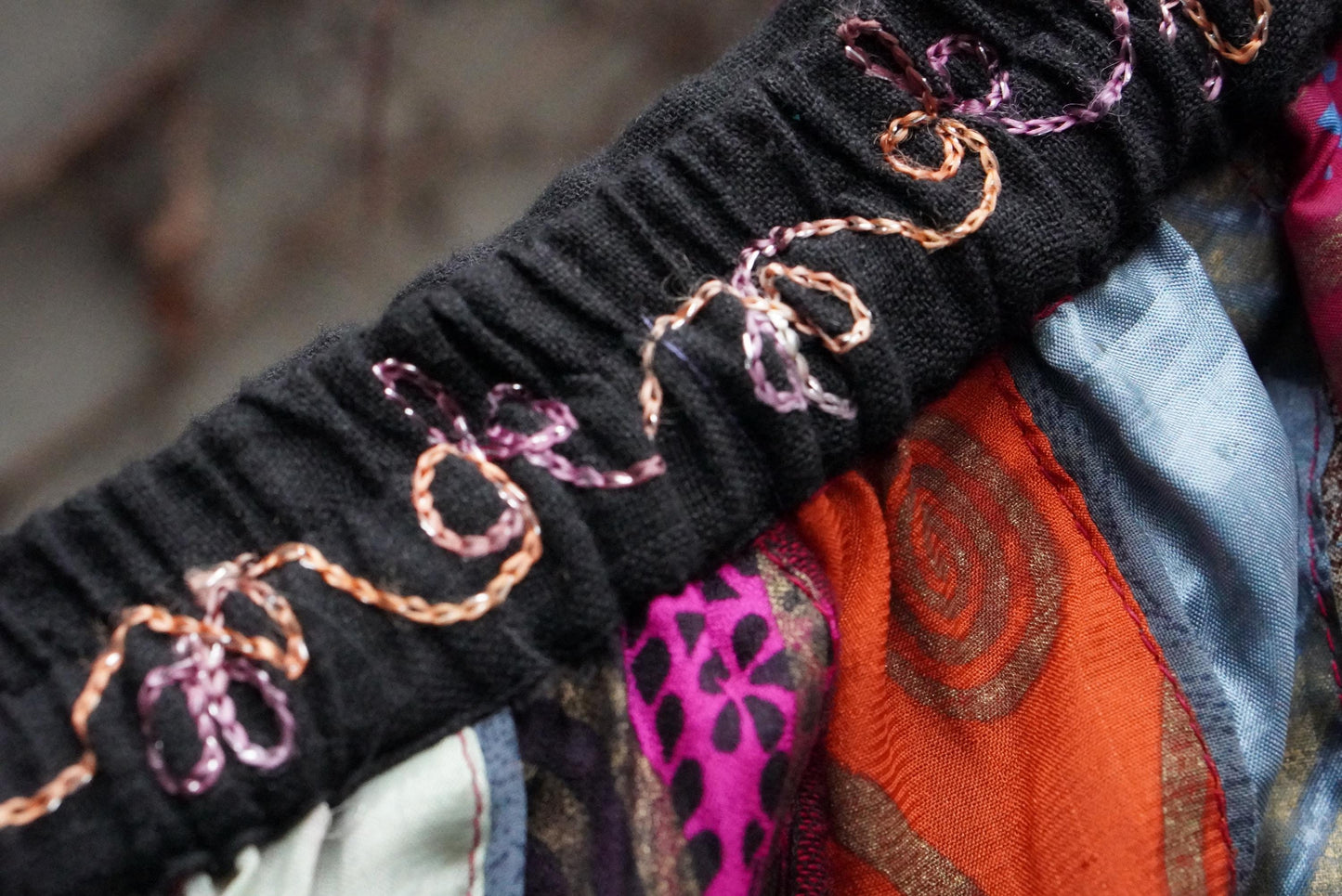 Vintage Silk Paneled Midi Skirt| 90s Boho Handcrafted Colorful Patchwork Skirt