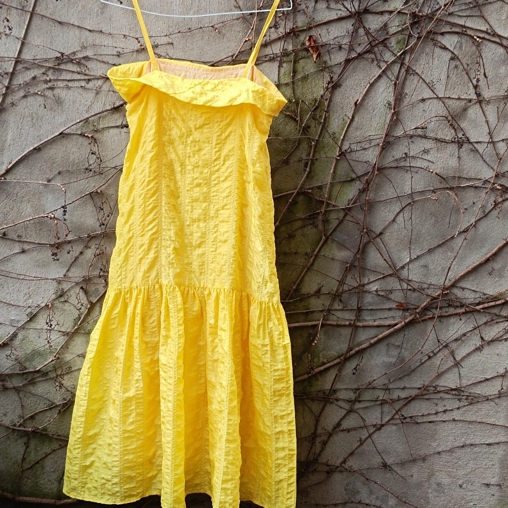 Vintage Bright Yellow Crinkle Maxi Dress Tiered Ruffle A-Line Slip S/M