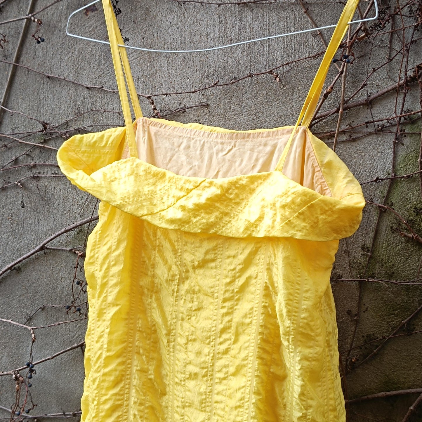 Vintage Bright Yellow Crinkle Maxi Dress Tiered Ruffle A-Line Slip S/M