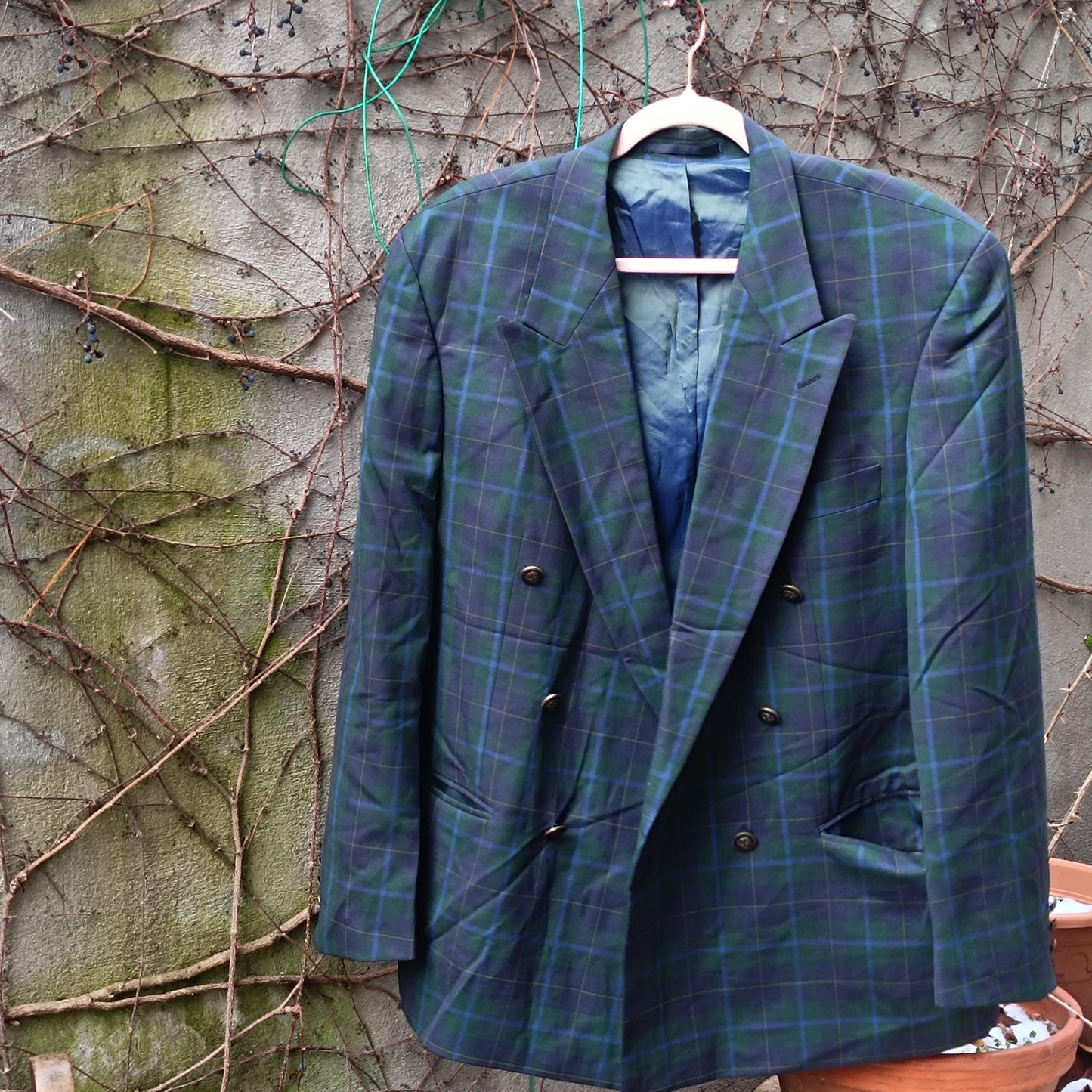 Vintage Odyssee Plaid Blazer| 90s Wool Double Breasted Green Blue Tartan Oversized Jacket