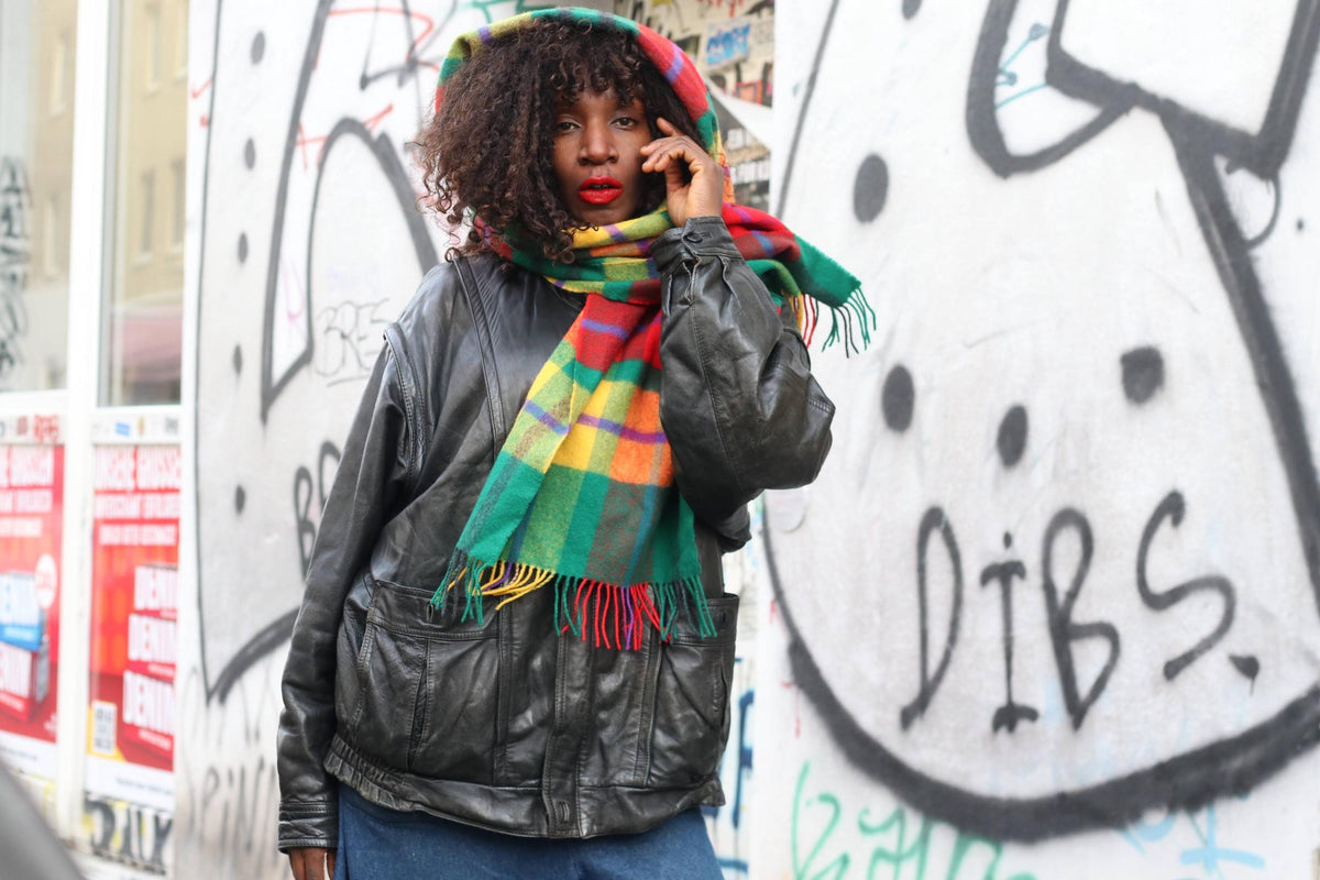 Plaid Wool Scarf - 90s Vintage Tartan Winter Wrap - Green Red One Size