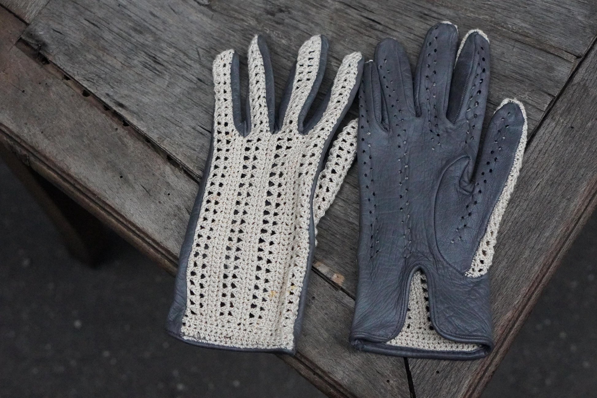 Vintage Crochet Leather Driving Gloves Cream Beige 70s Boho Chic Mittens Small