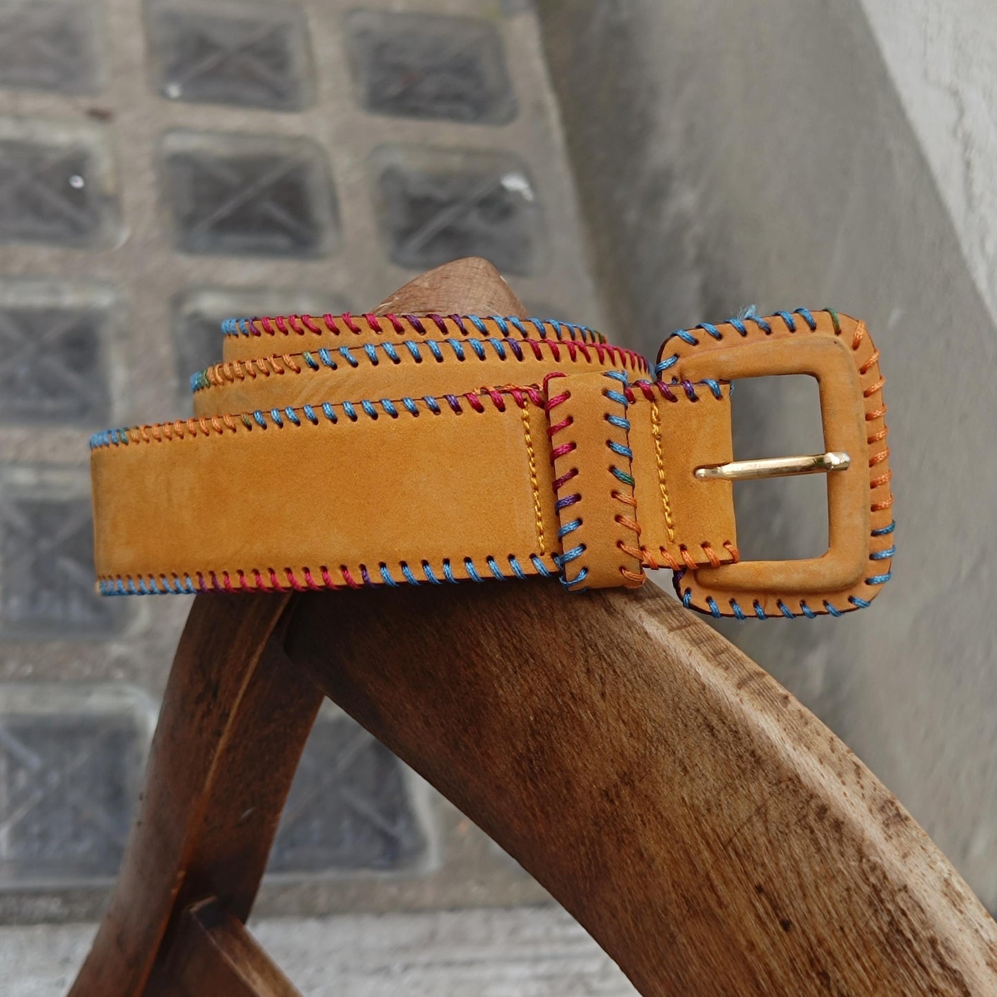 Vintage Mustard Yellow Suede Belt Colorful Whipstitch Embroidery Boho Leather Waist Belt