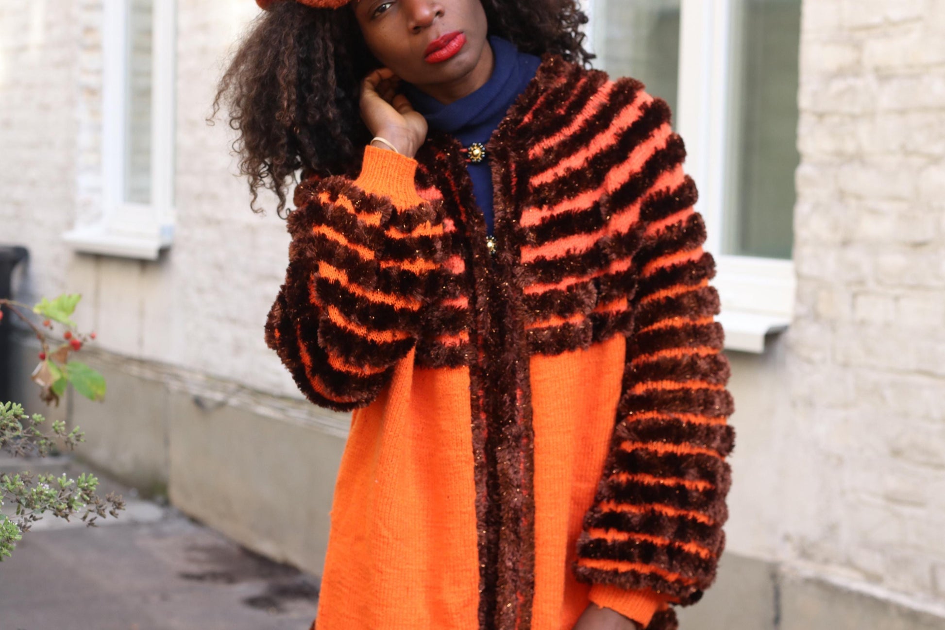 Vintage Orange Brown Striped Cardigan| Faux Fur Texture Chunky Knit Sweater Coat