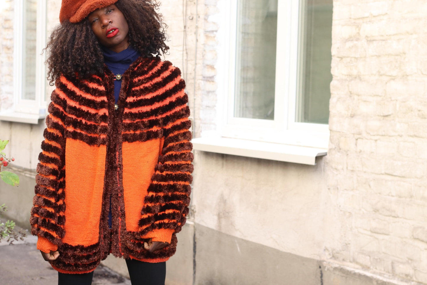 Vintage Orange Brown Striped Cardigan| Faux Fur Texture Chunky Knit Sweater Coat