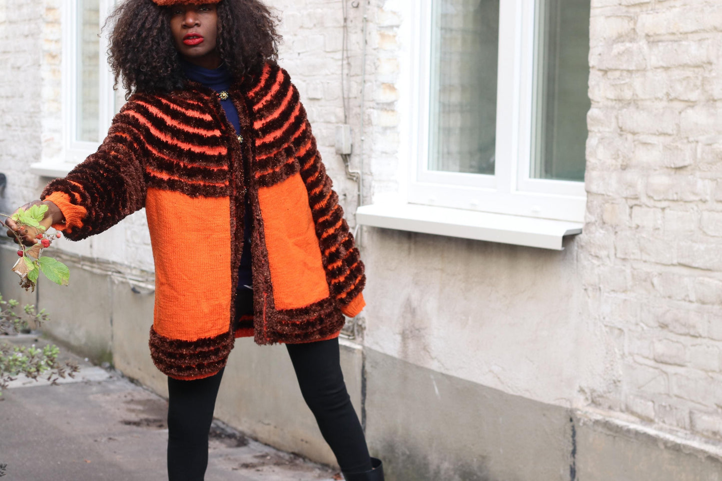 Vintage Orange Brown Striped Cardigan| Faux Fur Texture Chunky Knit Sweater Coat