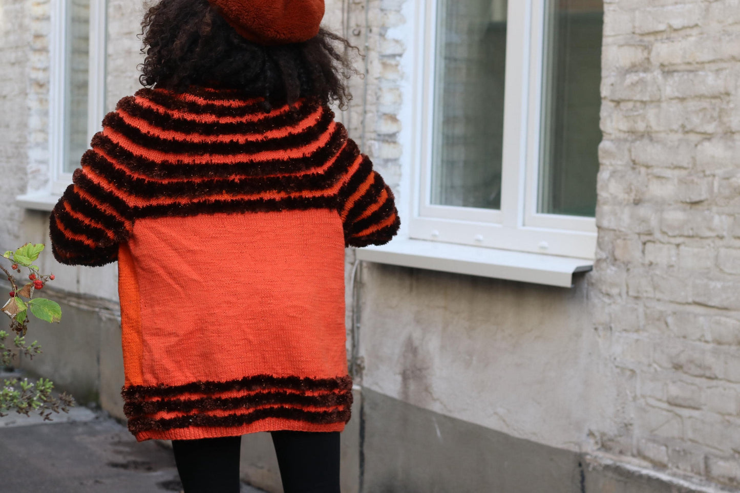 Vintage Orange Brown Striped Cardigan| Faux Fur Texture Chunky Knit Sweater Coat