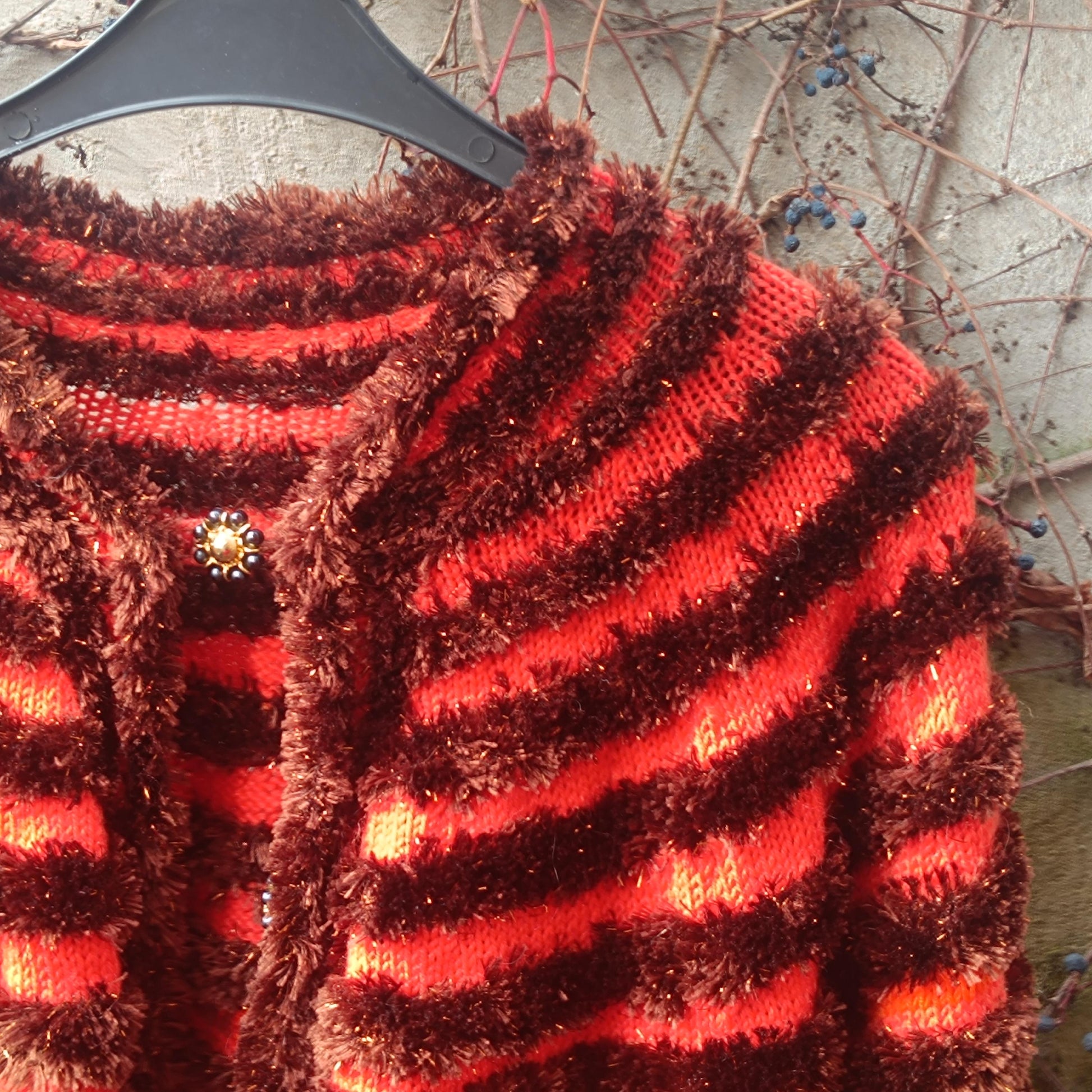 Vintage Orange Brown Striped Cardigan| Faux Fur Texture Chunky Knit Sweater Coat