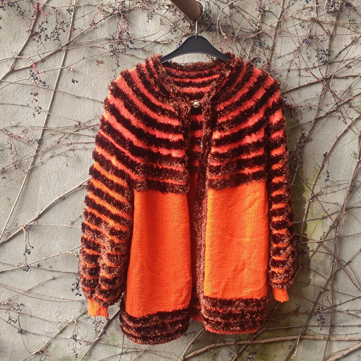 Vintage Orange Brown Striped Cardigan| Faux Fur Texture Chunky Knit Sweater Coat