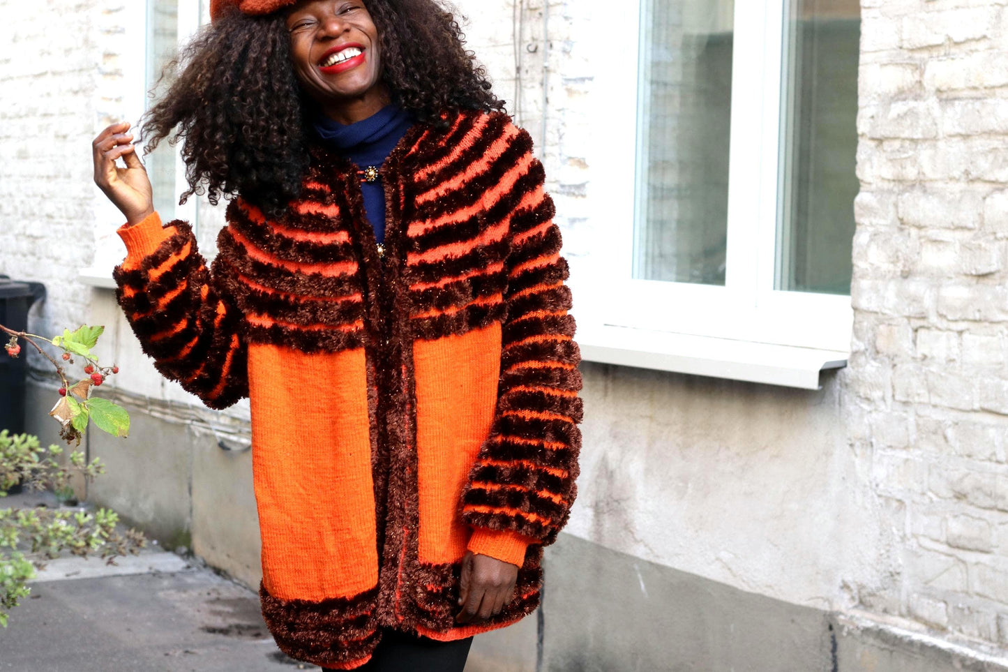 Vintage Orange Brown Striped Cardigan| Faux Fur Texture Chunky Knit Sweater Coat