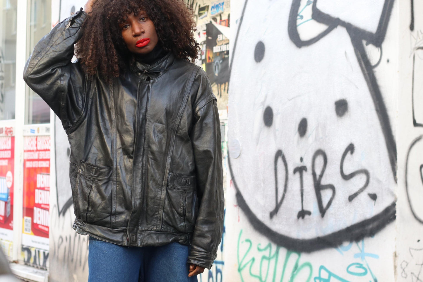Vintage Black Leather Jacket| 80s Streetwear Baggy Moto Coat