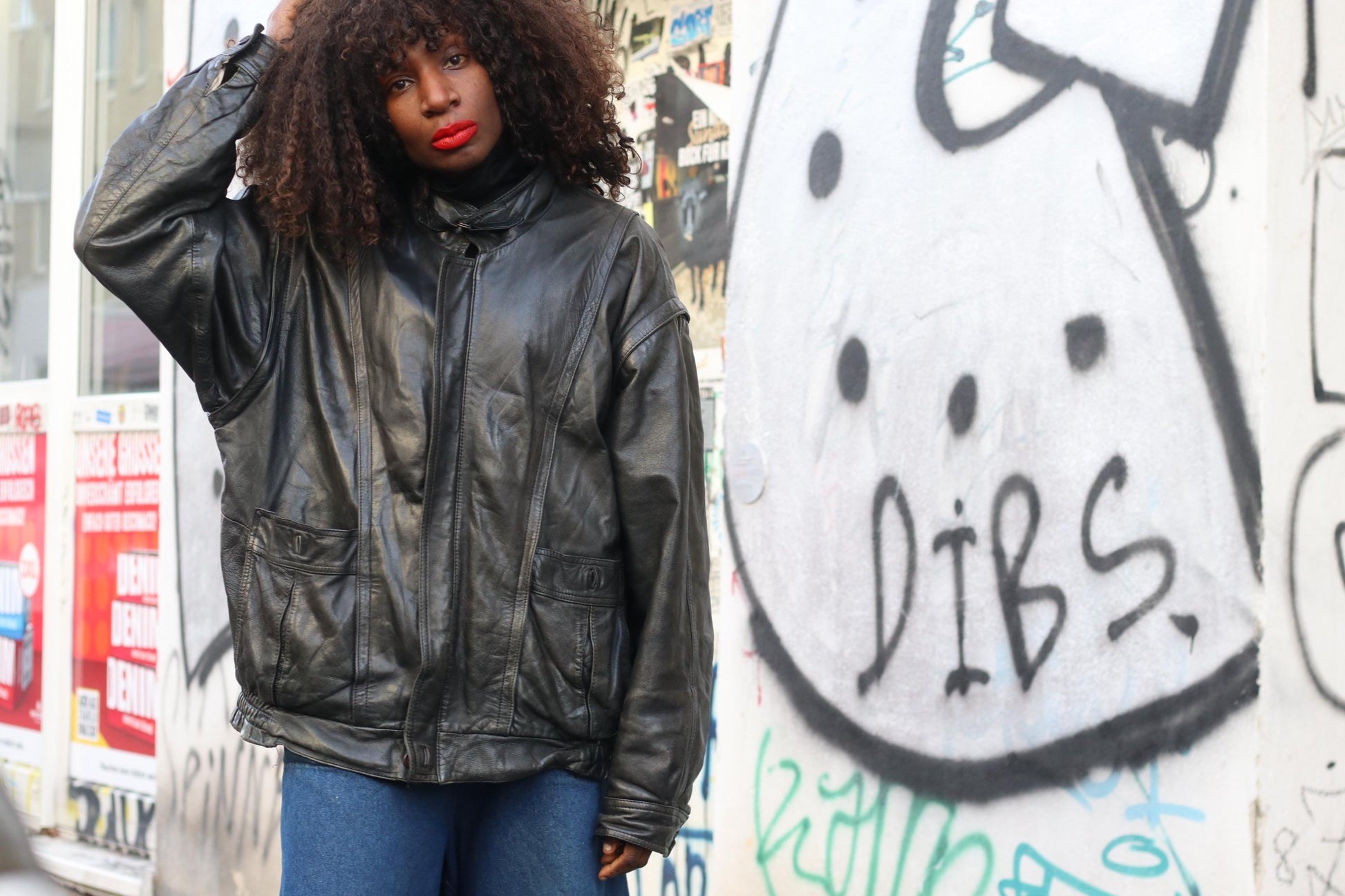 Vintage Black Leather Jacket| 80s Streetwear Baggy Moto Coat