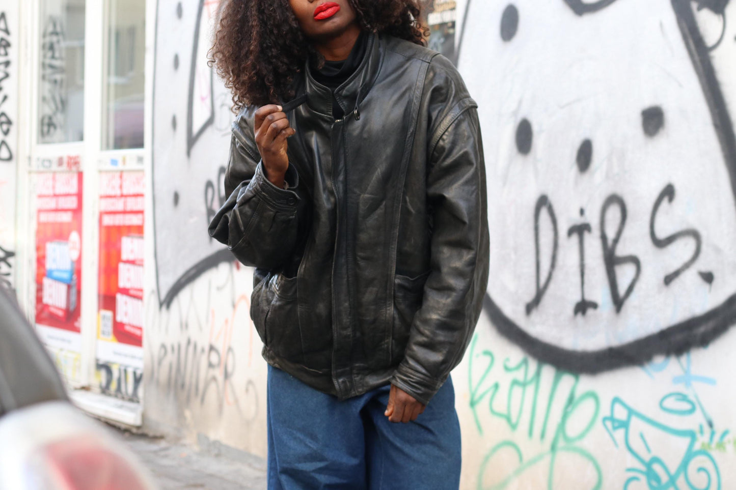 Vintage Black Leather Jacket| 80s Streetwear Baggy Moto Coat