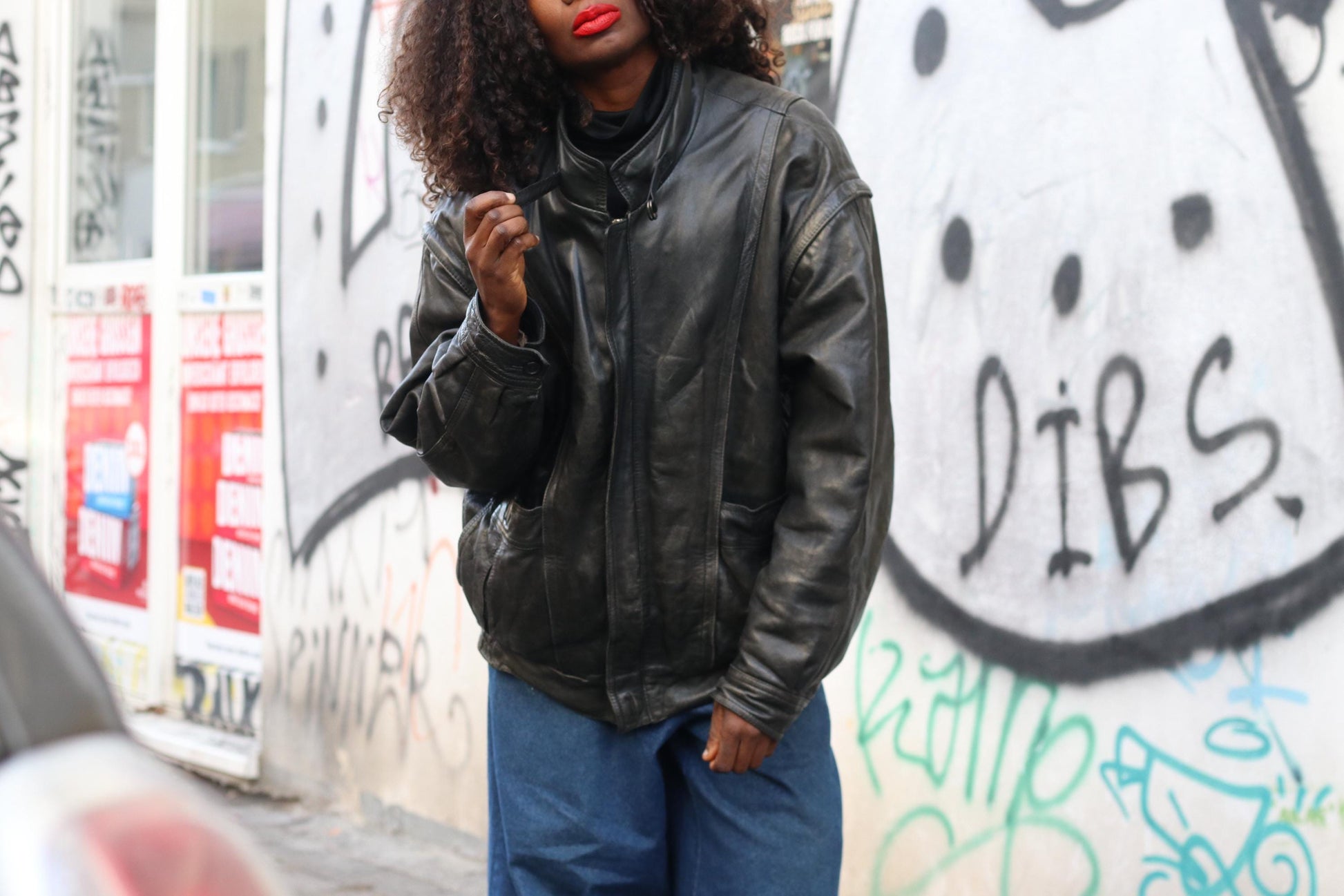 Vintage Black Leather Jacket| 80s Streetwear Baggy Moto Coat