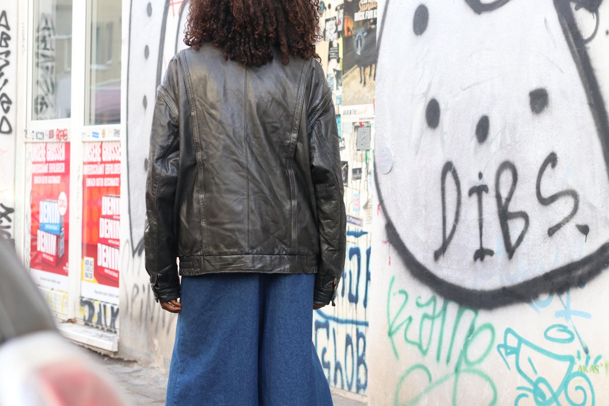 Vintage Black Leather Jacket| 80s Streetwear Baggy Moto Coat