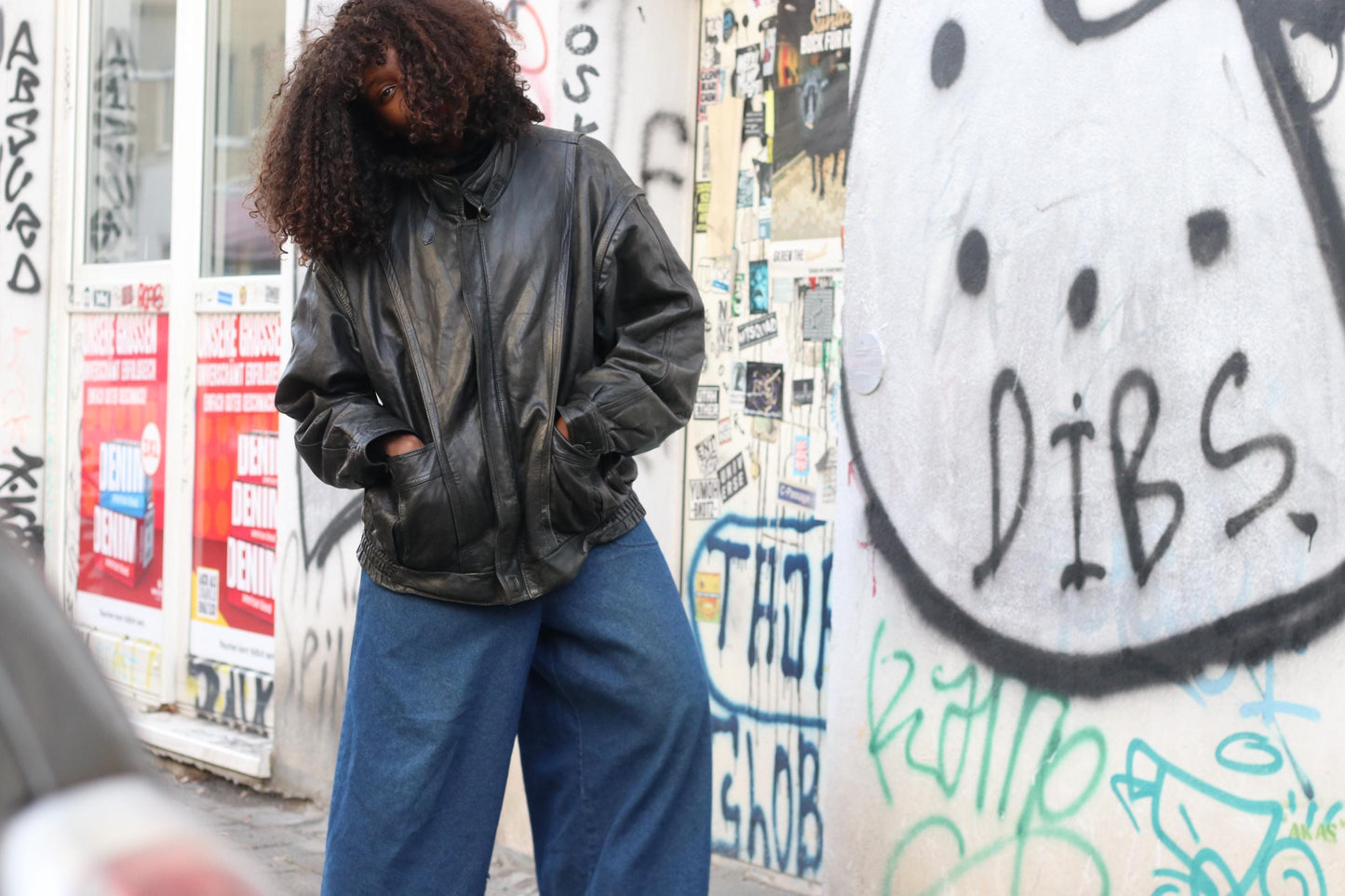 Vintage Black Leather Jacket| 80s Streetwear Baggy Moto Coat