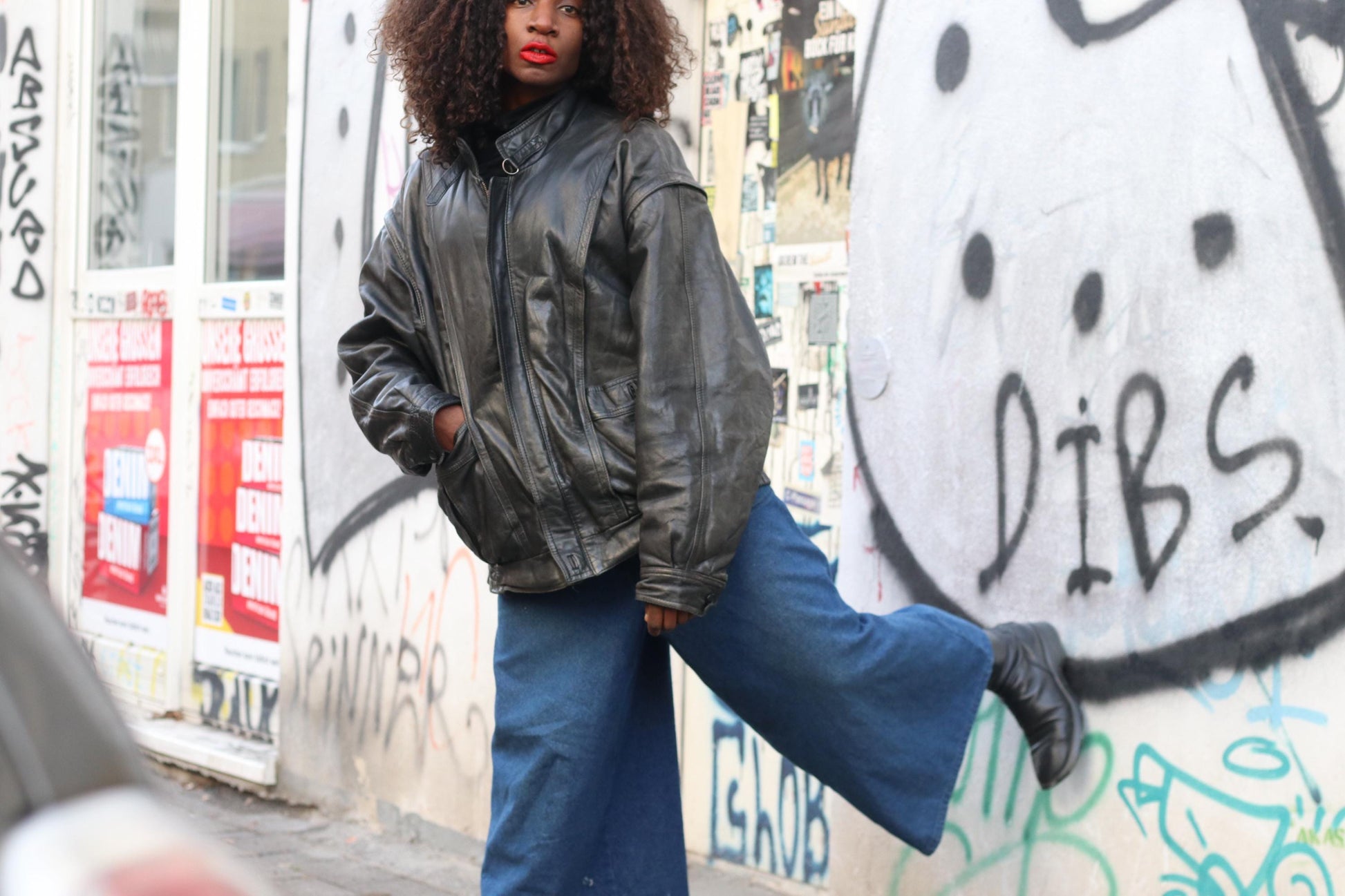Vintage Black Leather Jacket| 80s Streetwear Baggy Moto Coat