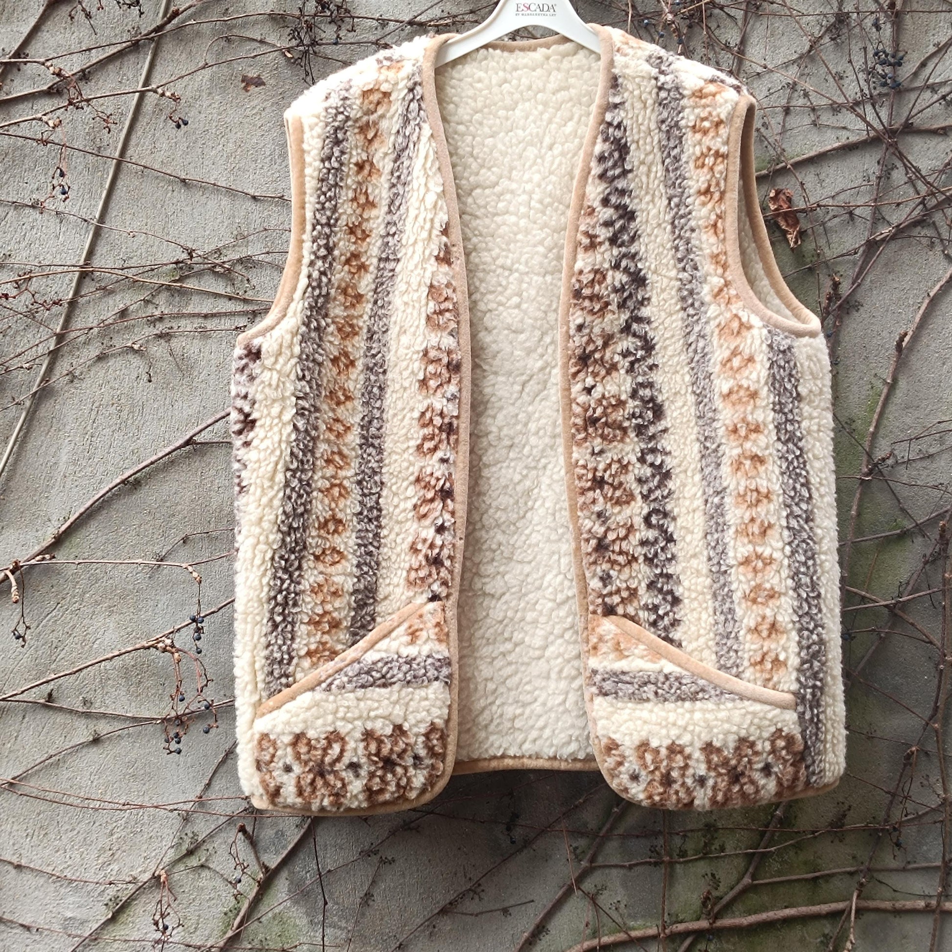 Vintage Boho Sherpa Vest Patterned Fleece Gilet Cream Brown Bohemian Waistcoat