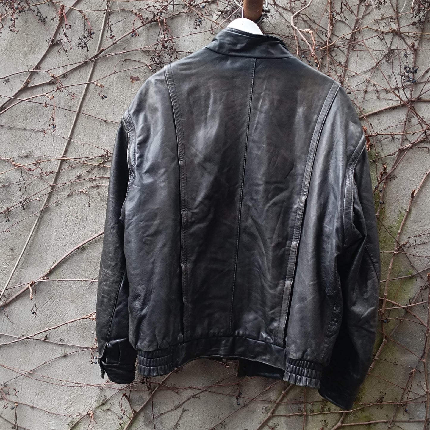 Vintage Black Leather Jacket| 80s Streetwear Baggy Moto Coat