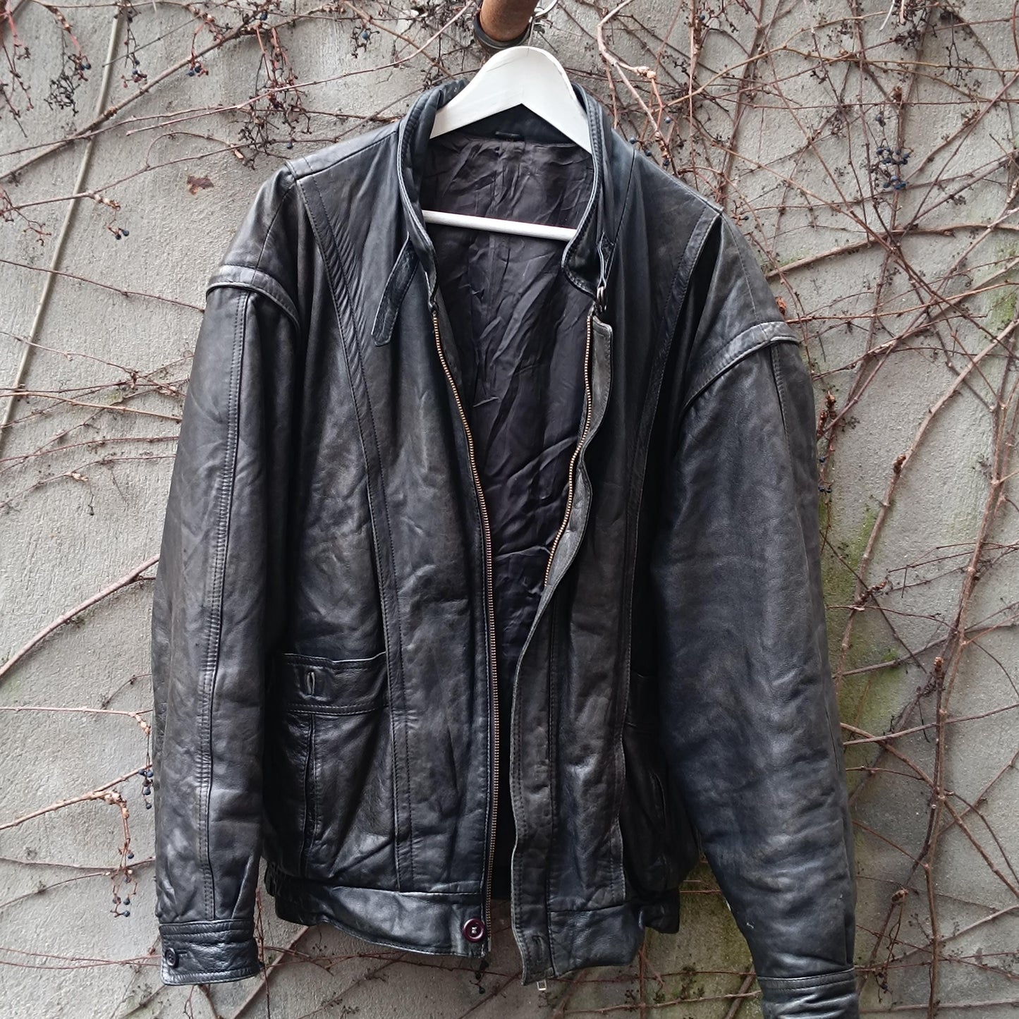 Vintage Black Leather Jacket| 80s Streetwear Baggy Moto Coat
