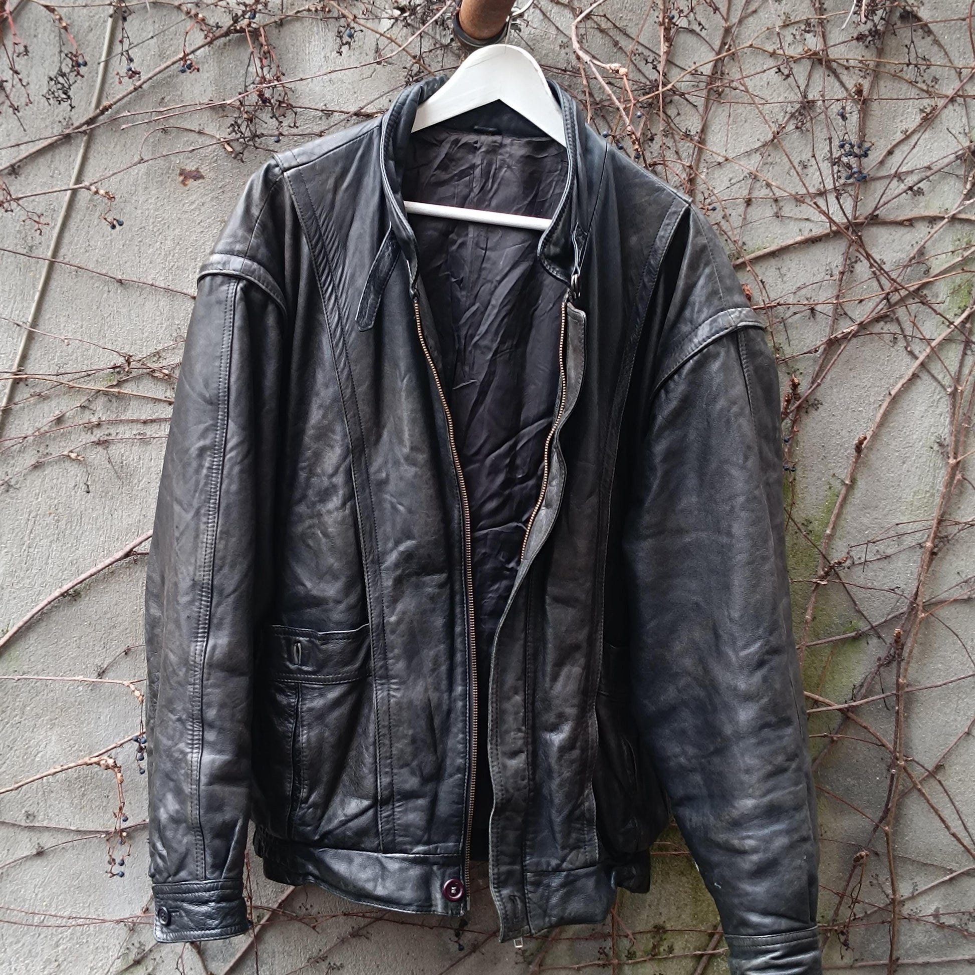 Vintage Black Leather Jacket| 80s Streetwear Baggy Moto Coat