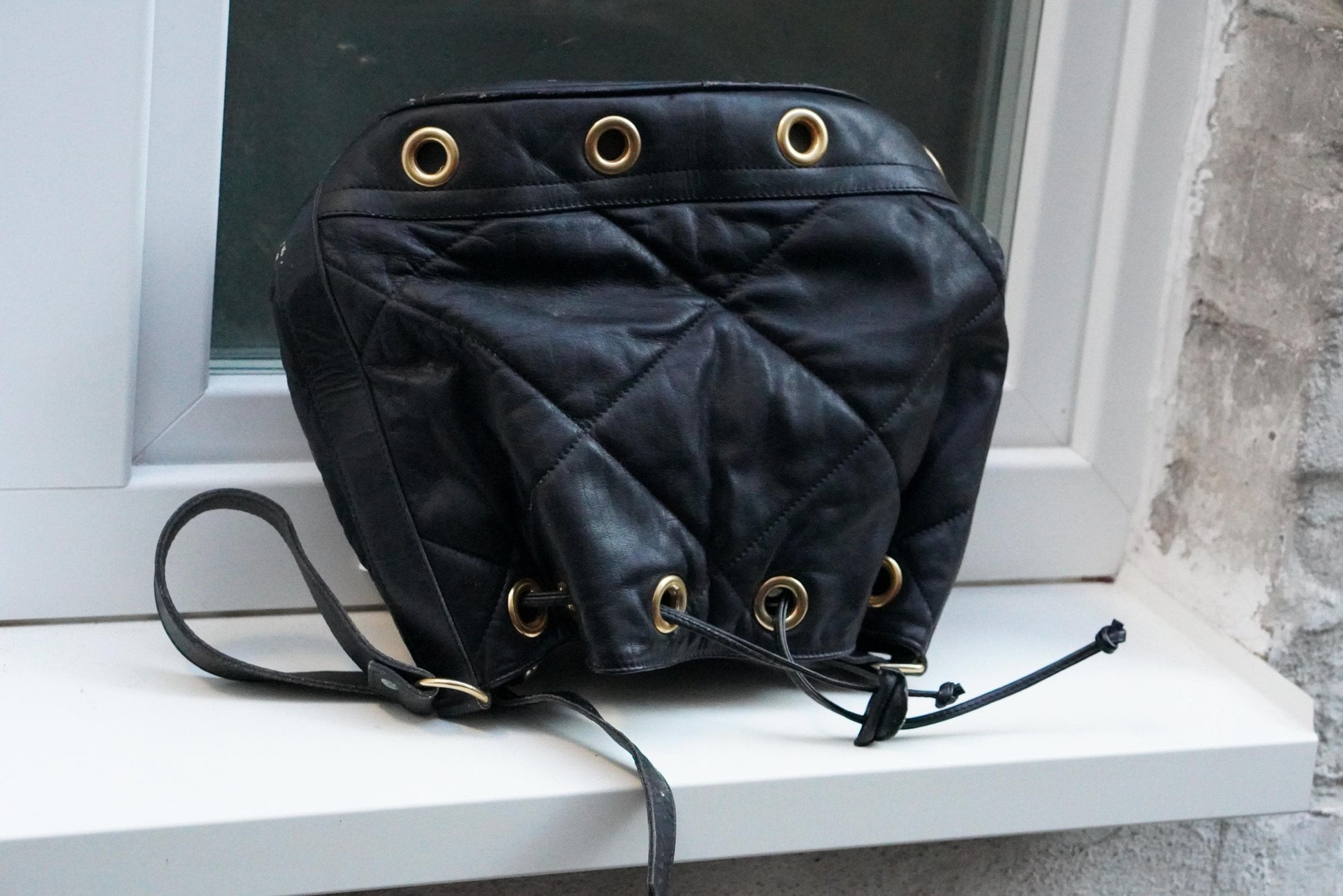 Vintage Quilted Black Leather Bucket Bag Made in Italy Gold Grommet Drawstring