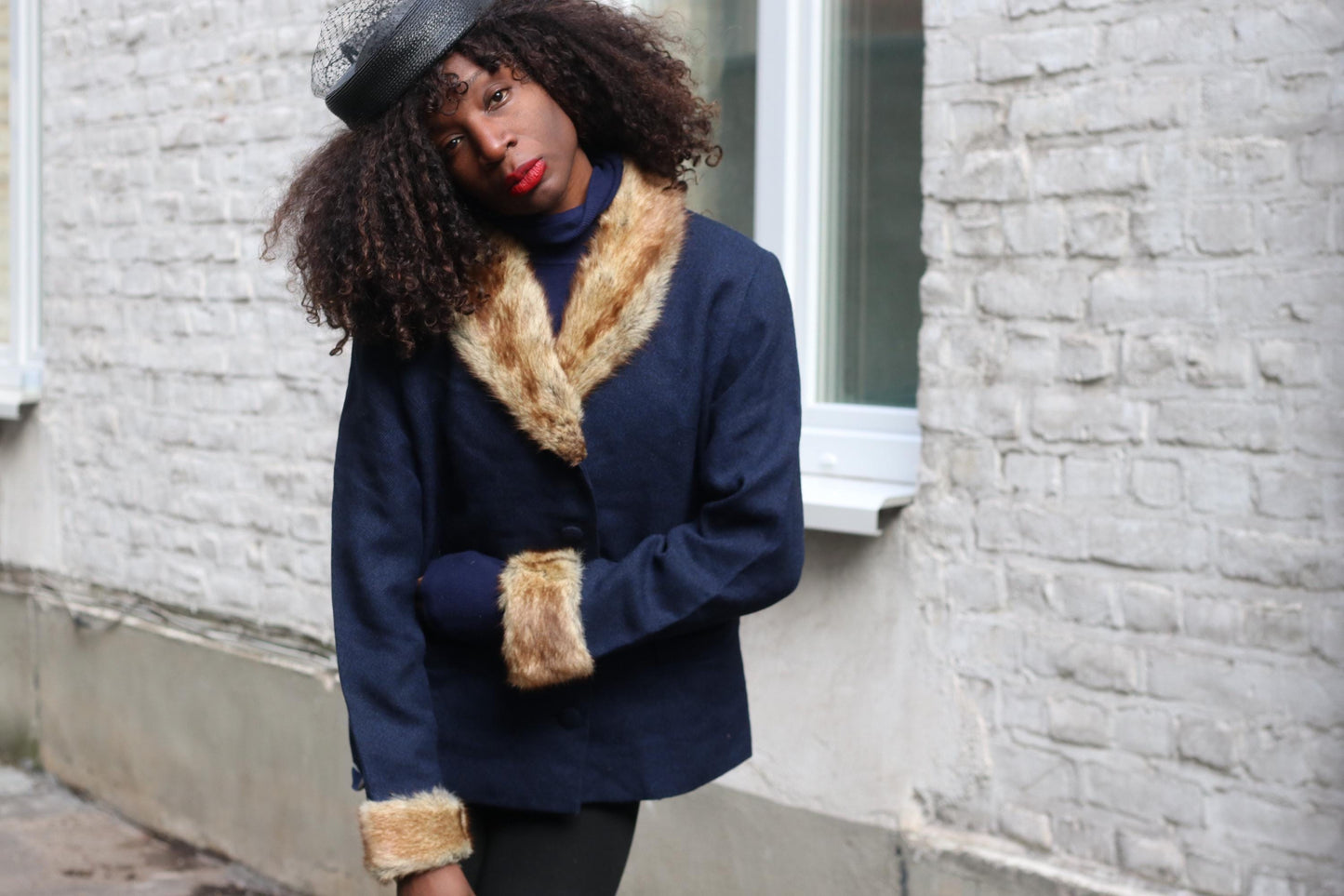 70s Fur Lined Navy Blazer | Vintage Feminine Tailored Jacket with Fur Collar| Women's Winter Jacket Made in Finland