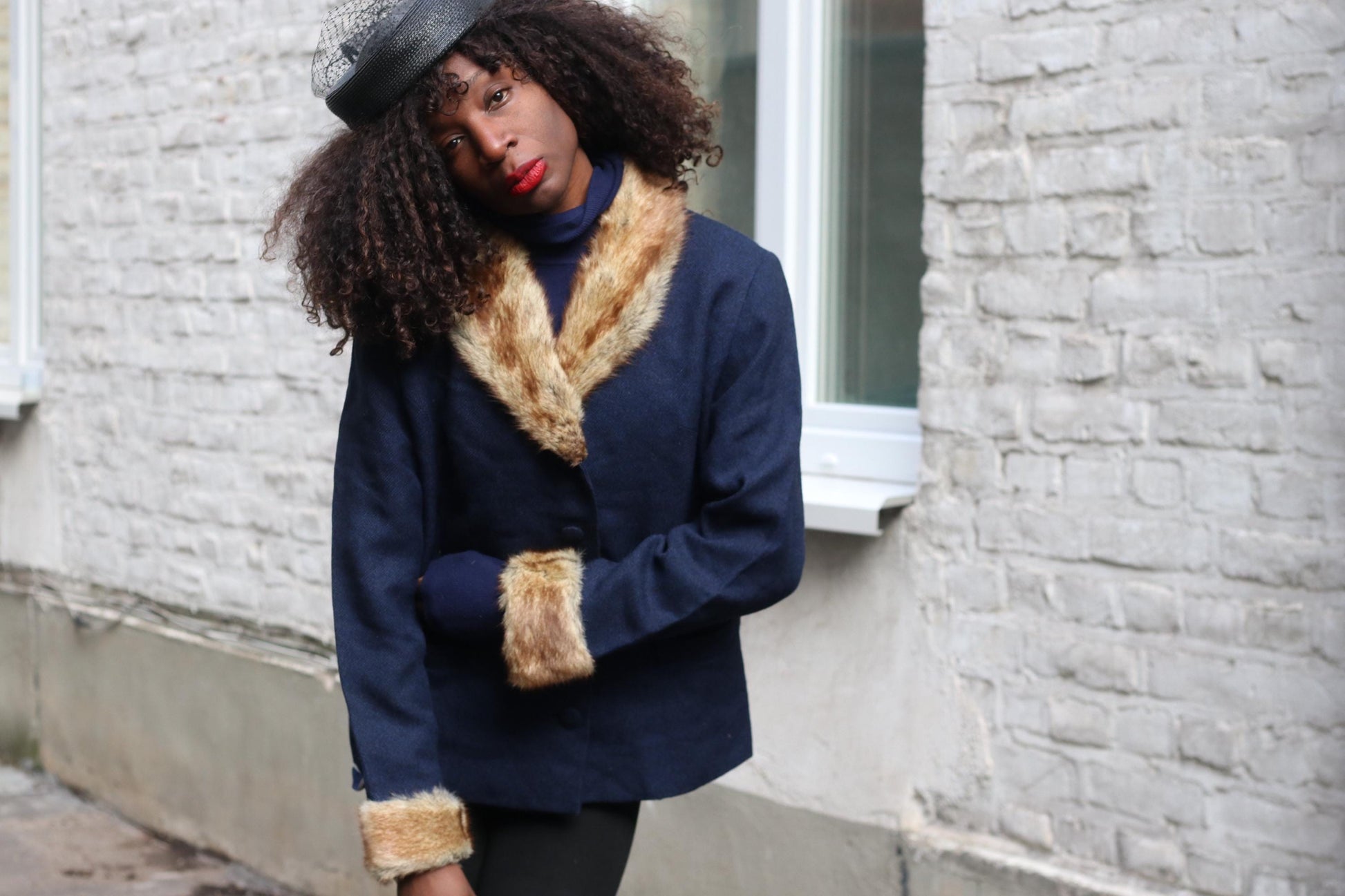 70s Fur Lined Navy Blazer | Vintage Feminine Tailored Jacket with Fur Collar| Women's Winter Jacket Made in Finland