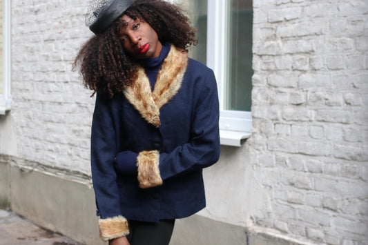 70s Fur Lined Navy Blazer | Vintage Feminine Tailored Jacket with Fur Collar| Women's Winter Jacket Made in Finland