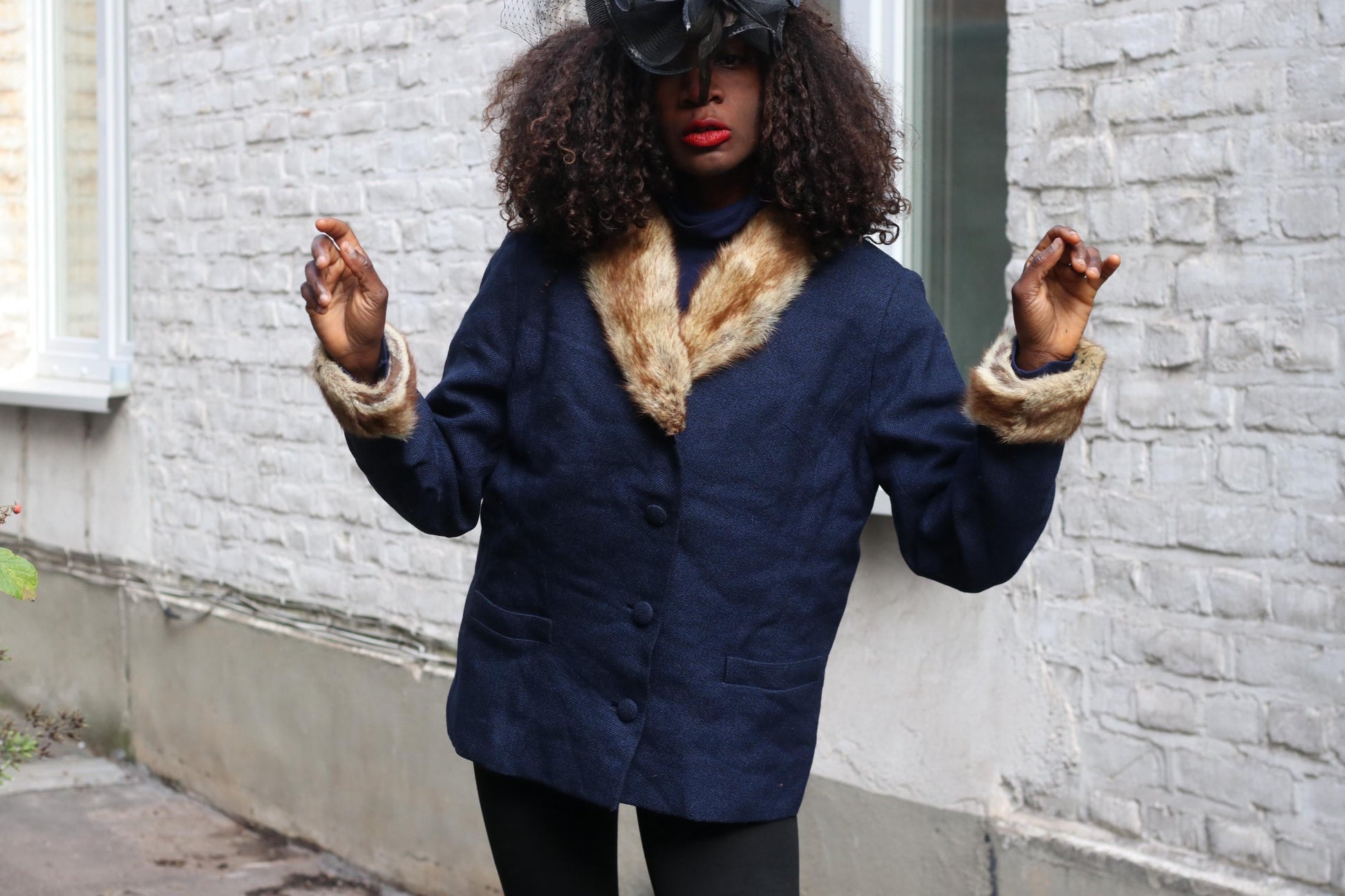 70s Fur Lined Navy Blazer | Vintage Feminine Tailored Jacket with Fur Collar| Women's Winter Jacket Made in Finland