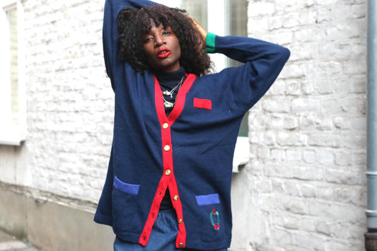 Vintage Peter Hahn Cardigan| 80s Lambswool Angora Navy Blue Oversized Sweater